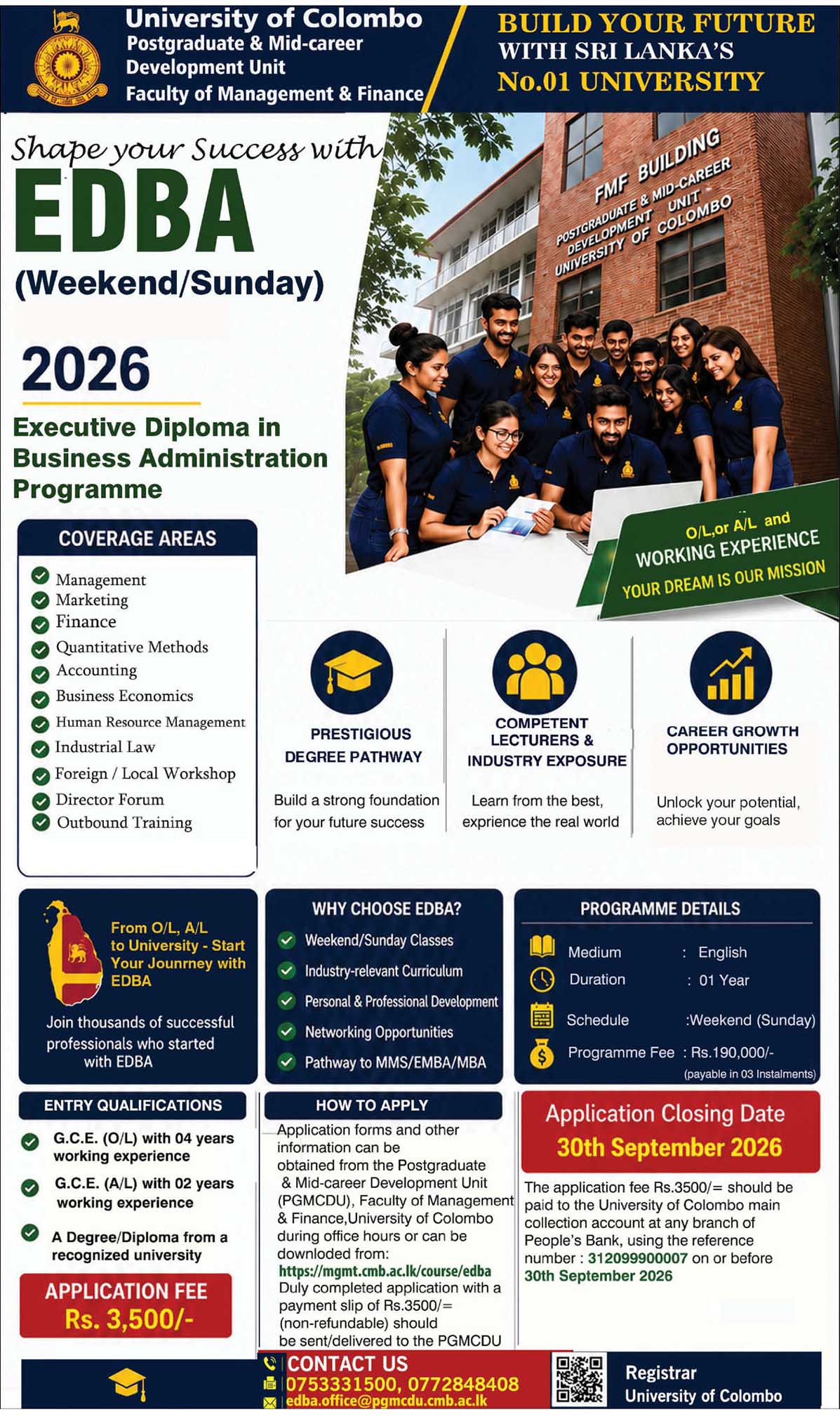 Executive Diploma in Business Administration (EDBA) 2026 - University of Colombo