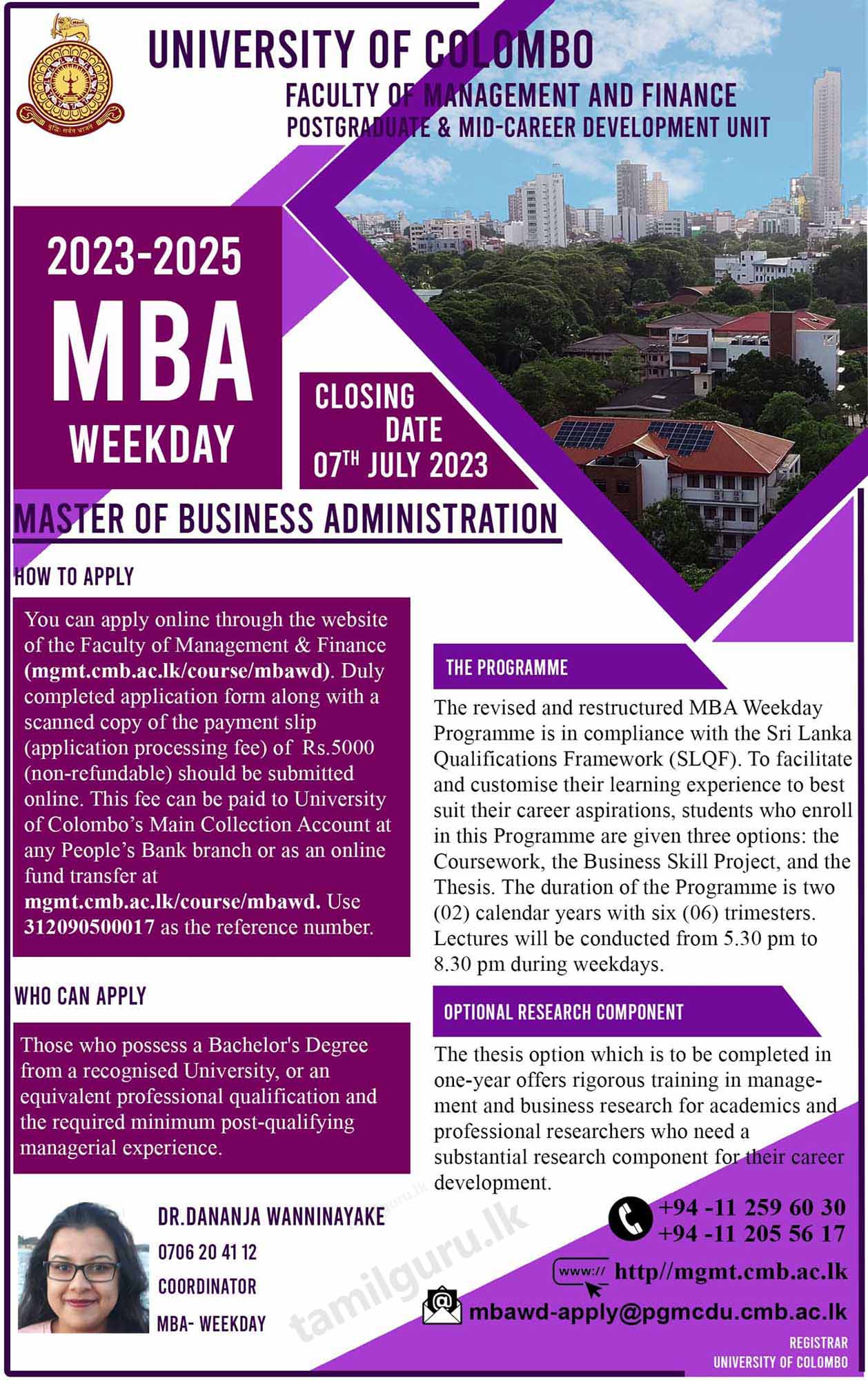 Master of Business Administration (MBA) Weekday Programme (2023-25) - University of Colombo