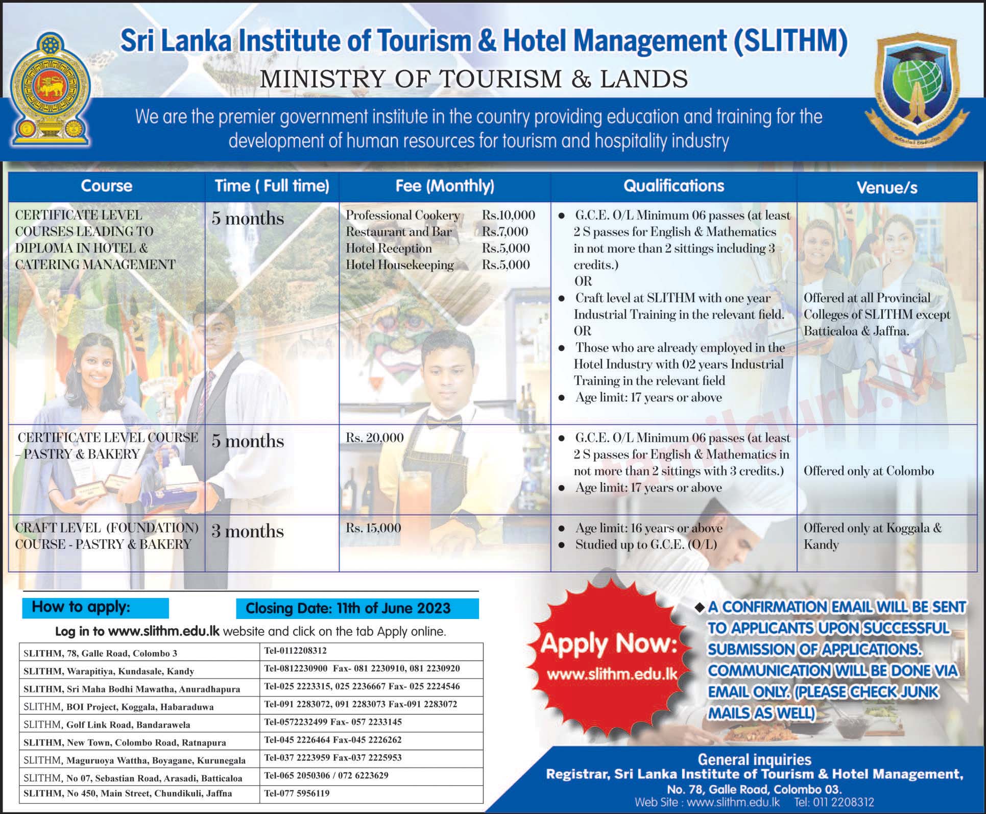 Sri Lanka Institute of Tourism & Hotel Management (SLITHM) - Application For Courses (2023 May)