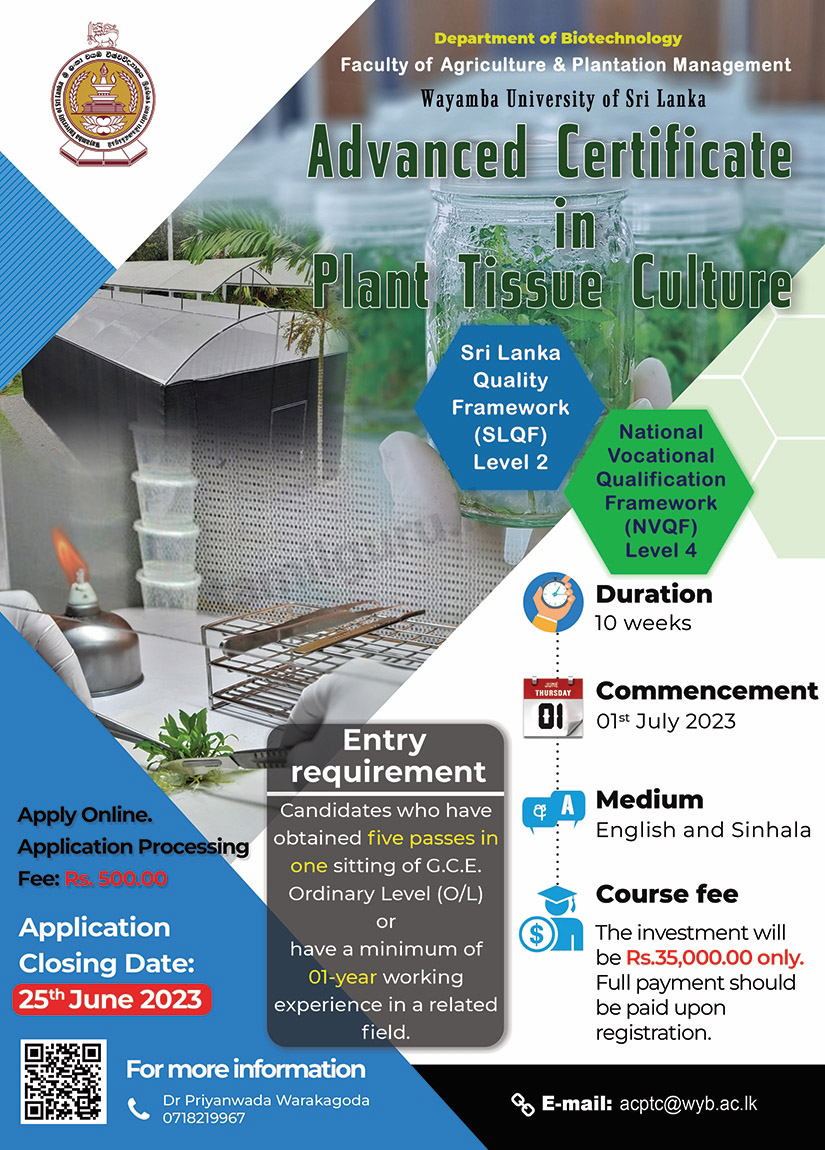 Advanced Certificate in Plant Tissue Culture 2023 - Wayamba University