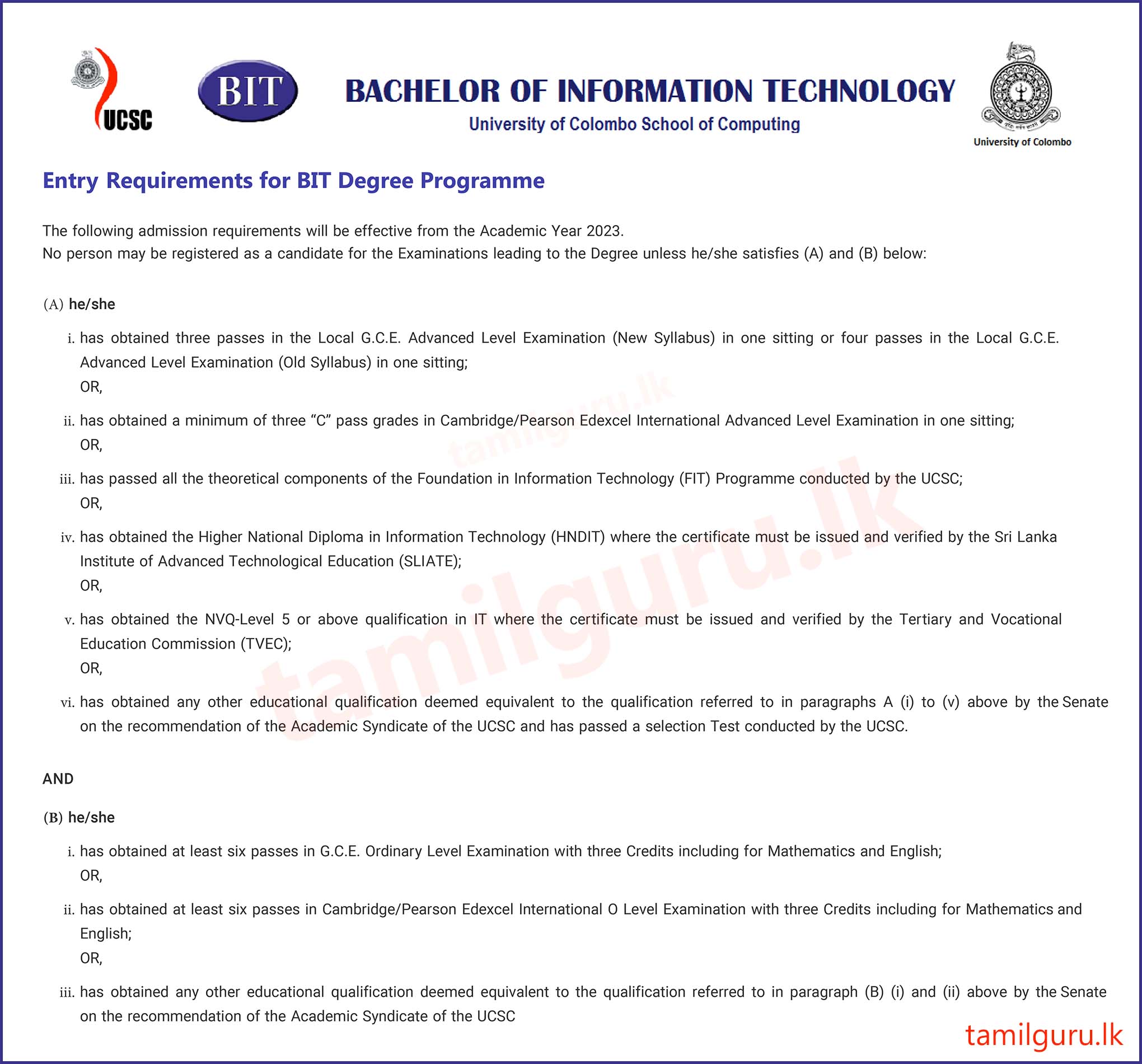 Bachelor of Information Technology (BIT) (External) Degree Programme 2023 - University of Colombo (UCSC)
