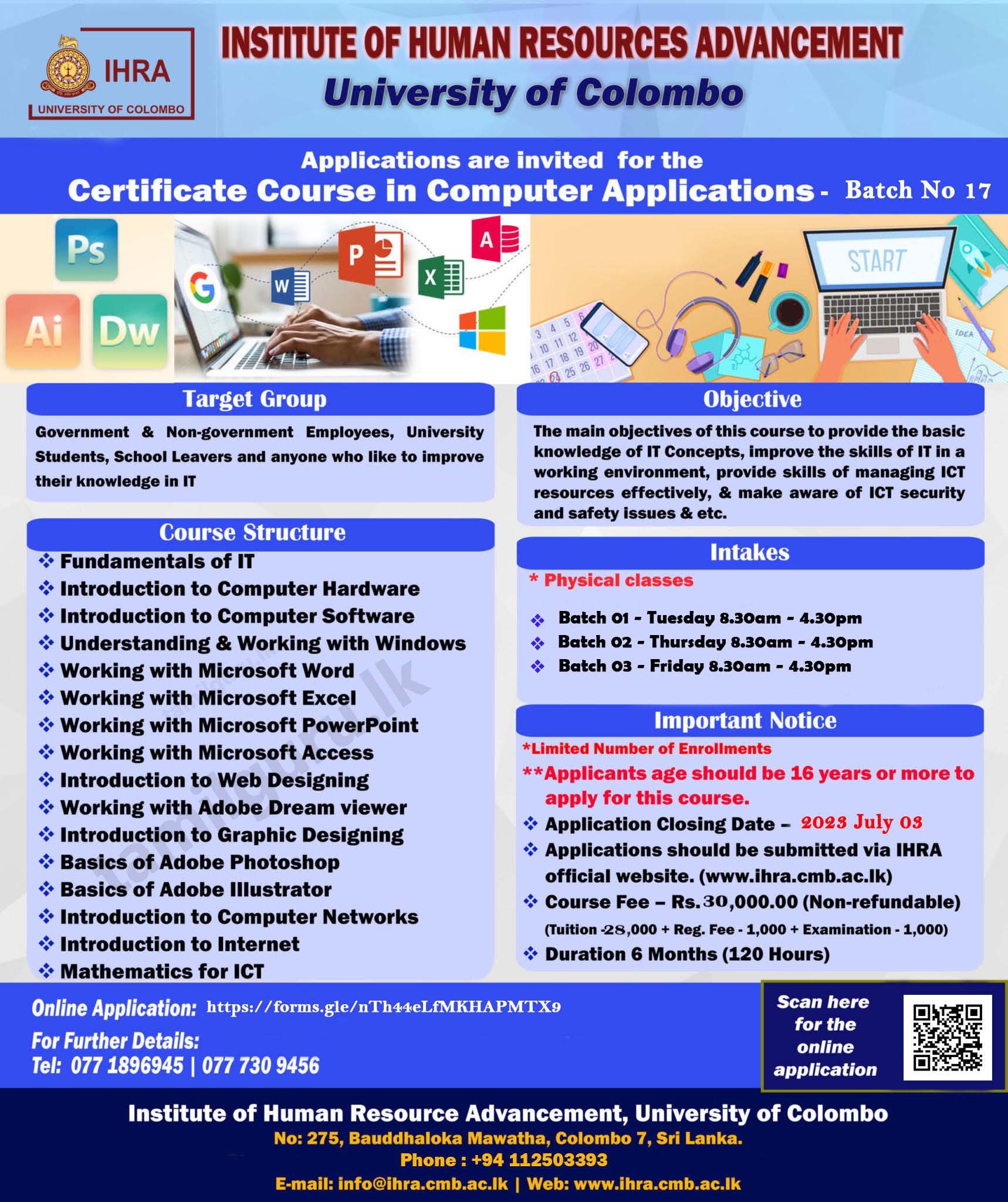 Certificate Course in Computer Applications (2023) - IHRA, University of Colombo
