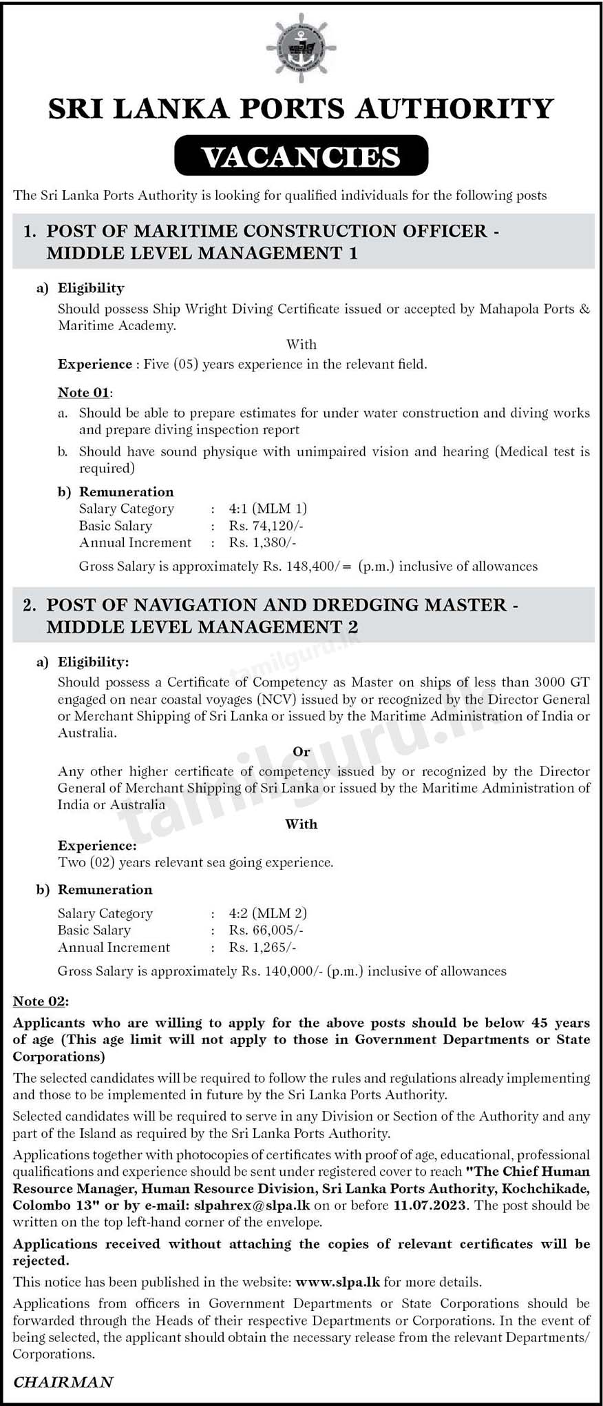 Job Vacancies 2023 June - Sri Lanka Ports Authority (SLPA) : Maritime Construction Officer, Navigation and Dredging Master