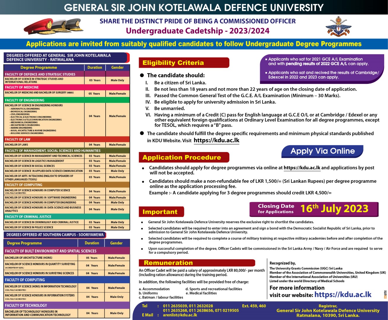 Admission for Degree Programmes (Cadetship) 2023/2024 (Intake 41) - Kotelawala Defence University (KDU)