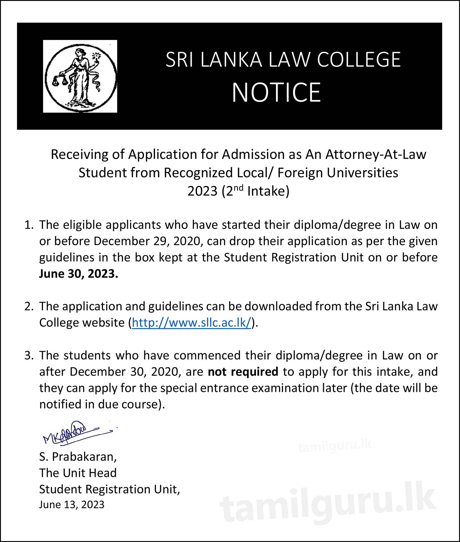 Sri Lanka Law College (SLLC) Admission for LLB Graduates and Barristers - 2023 (02nd Intake)