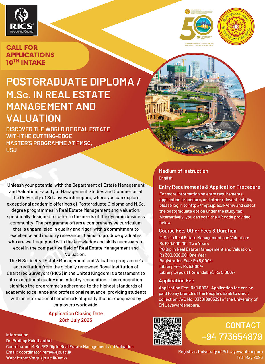 PGD / MSc in Real Estate Management & Valuation 2023 - University of Sri Jayewardenepura