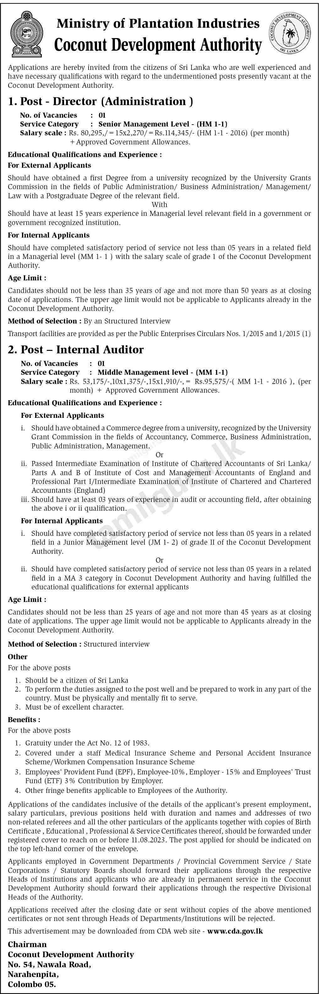 Coconut Development Authority (CDA) Vacancies 2023 - Director (Admin), Internal Auditor
