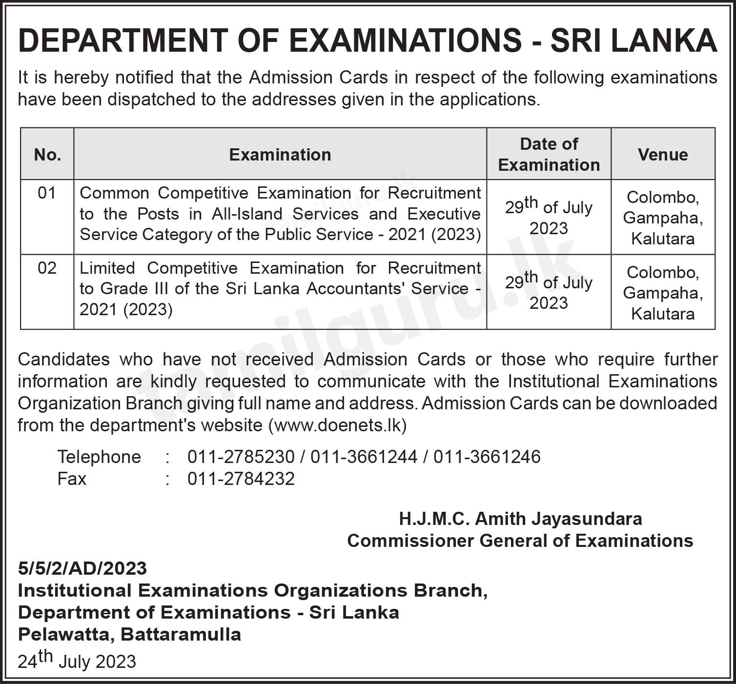 Common Exam 2023 (SLAS, SLAcS, SLPS, SLEAS, SLSS) - Admission Card Notice