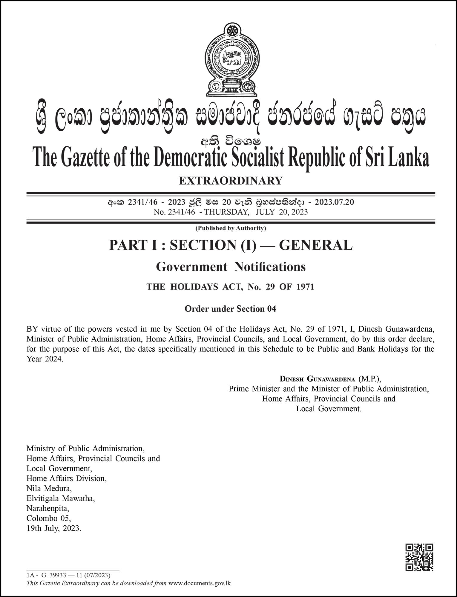 Gazette Notice - Public and Bank Holidays for the Year 2024 - Sri Lanka Government