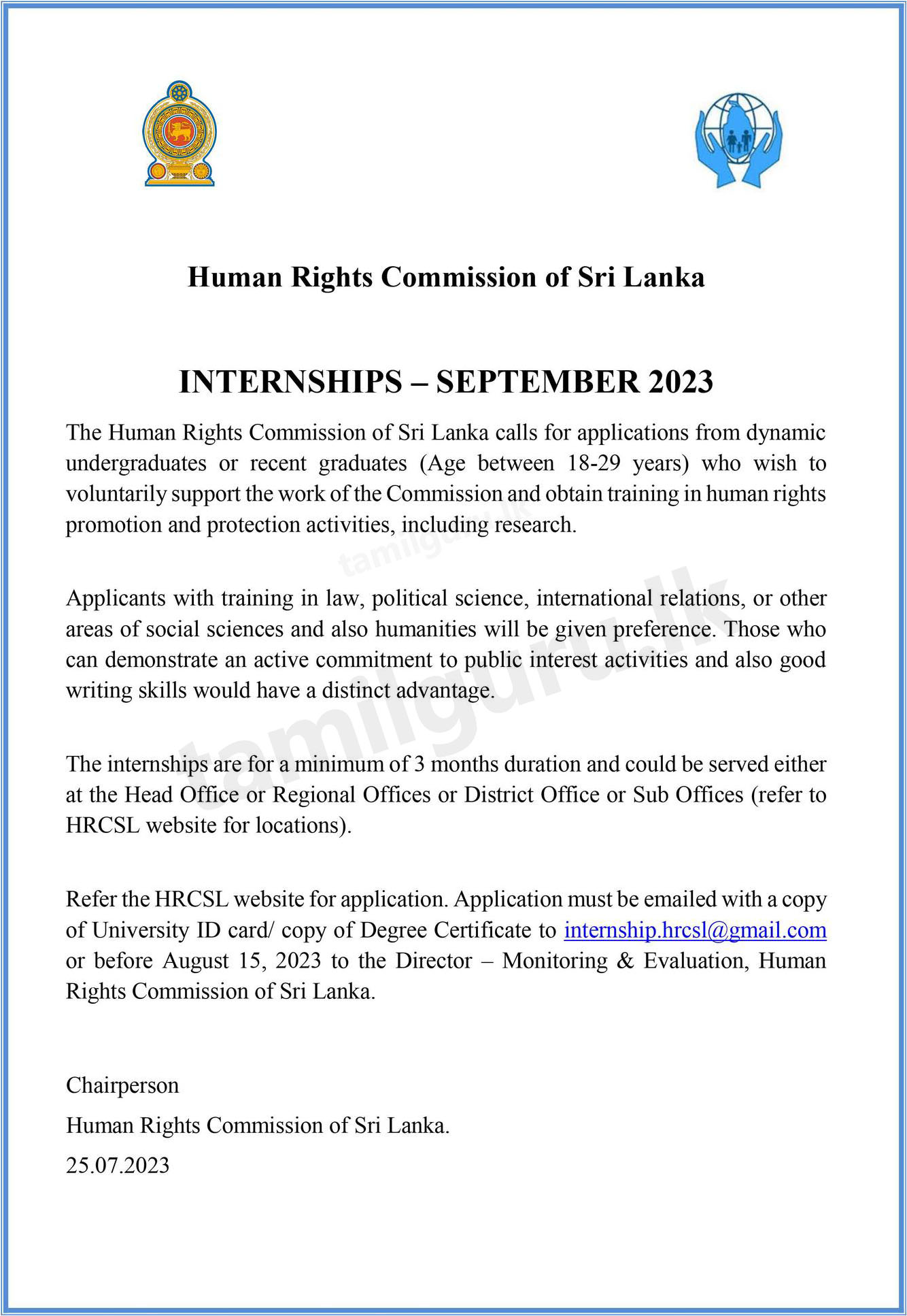 Internship Programme (Vacancies) (September 2023) - Human Rights Commission of Sri Lanka (HRCSL)