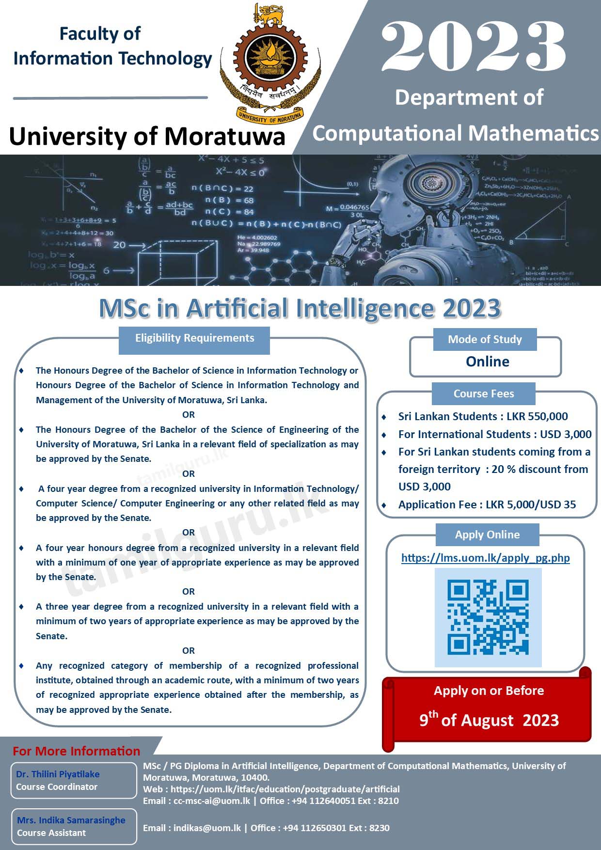 MSc in Artificial Intelligence (AI) 2023 - University of Moratuwa