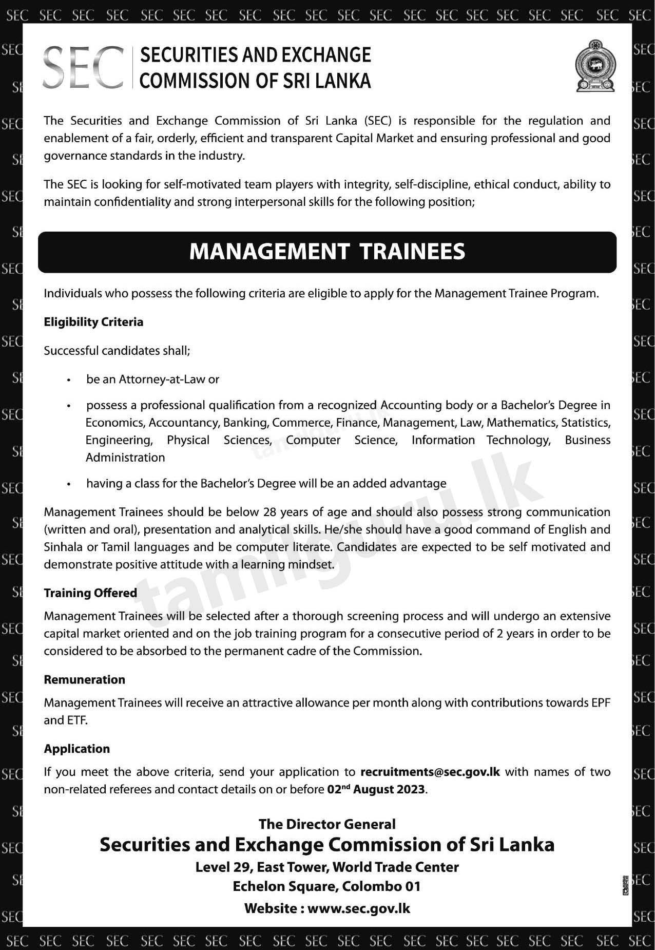 Management Trainee Programme (Vacancies) 2023 at Securities & Exchange Commission (SEC Sri Lanka)