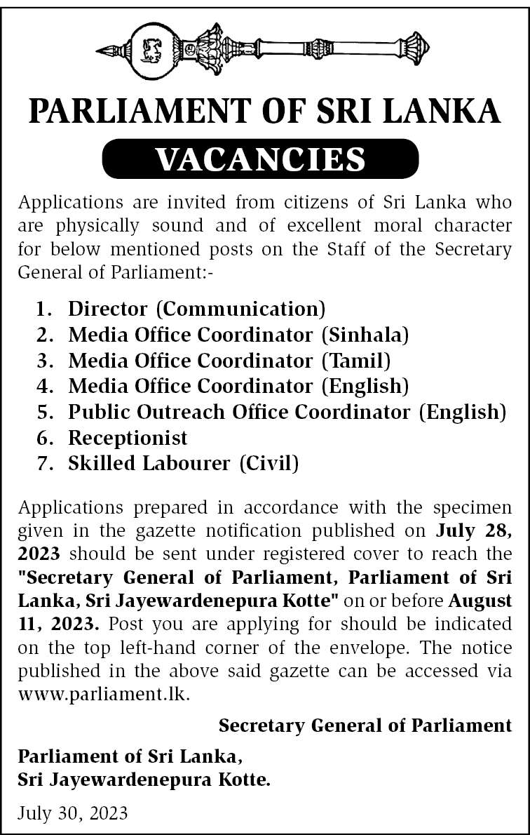 Parliament Vacancies (2023 August) - Director, Media Office Coordinator, Public Outreach Office Coordinator, Receptionist, Skilled Labourer