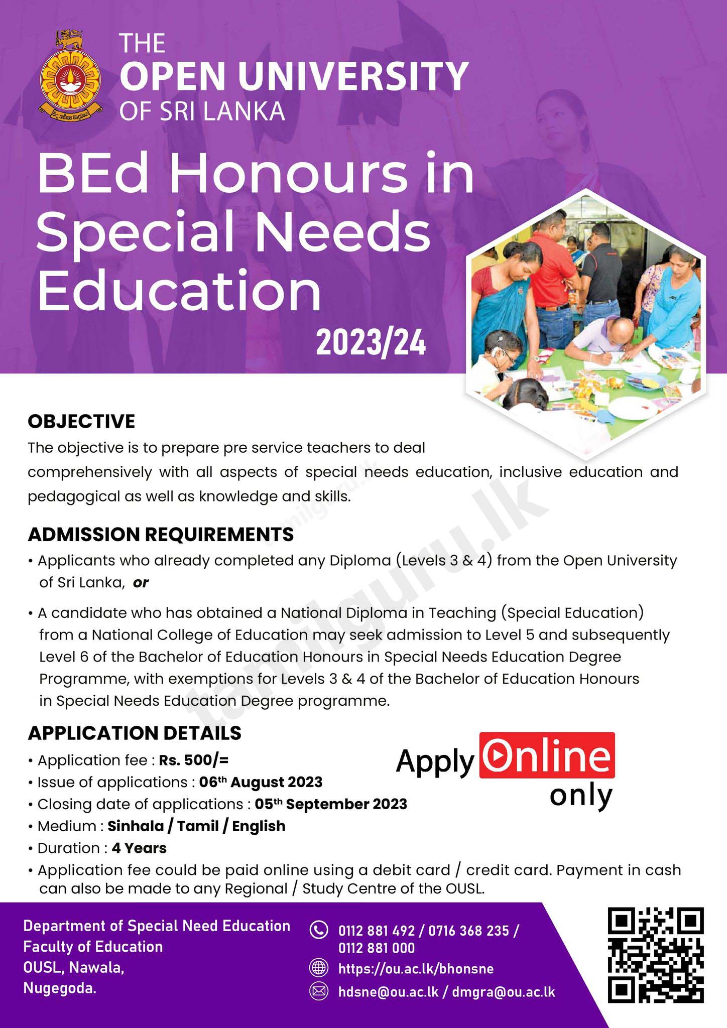 B.Ed (Hons) in Special Needs Education Degree Programme 2023/24 - Open University (OUSL)