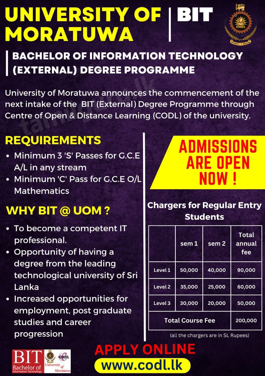 Bachelor of Information Technology (BIT) (External) Degree Programme Intake 2023 - University of Moratuwa