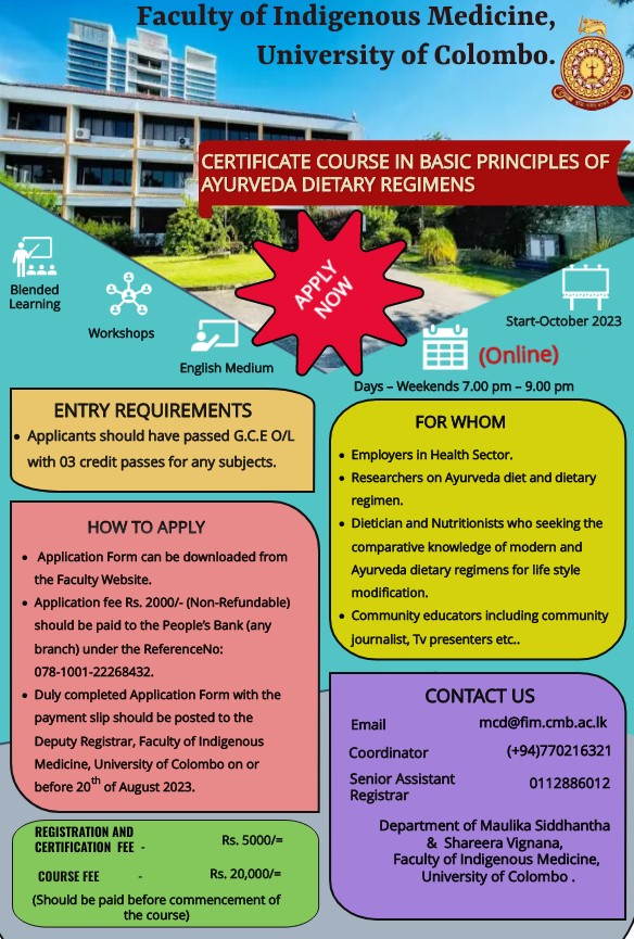 Certificate Course in Basic Principles of Ayurveda Dietary Regimens 2023 - University of Colombo