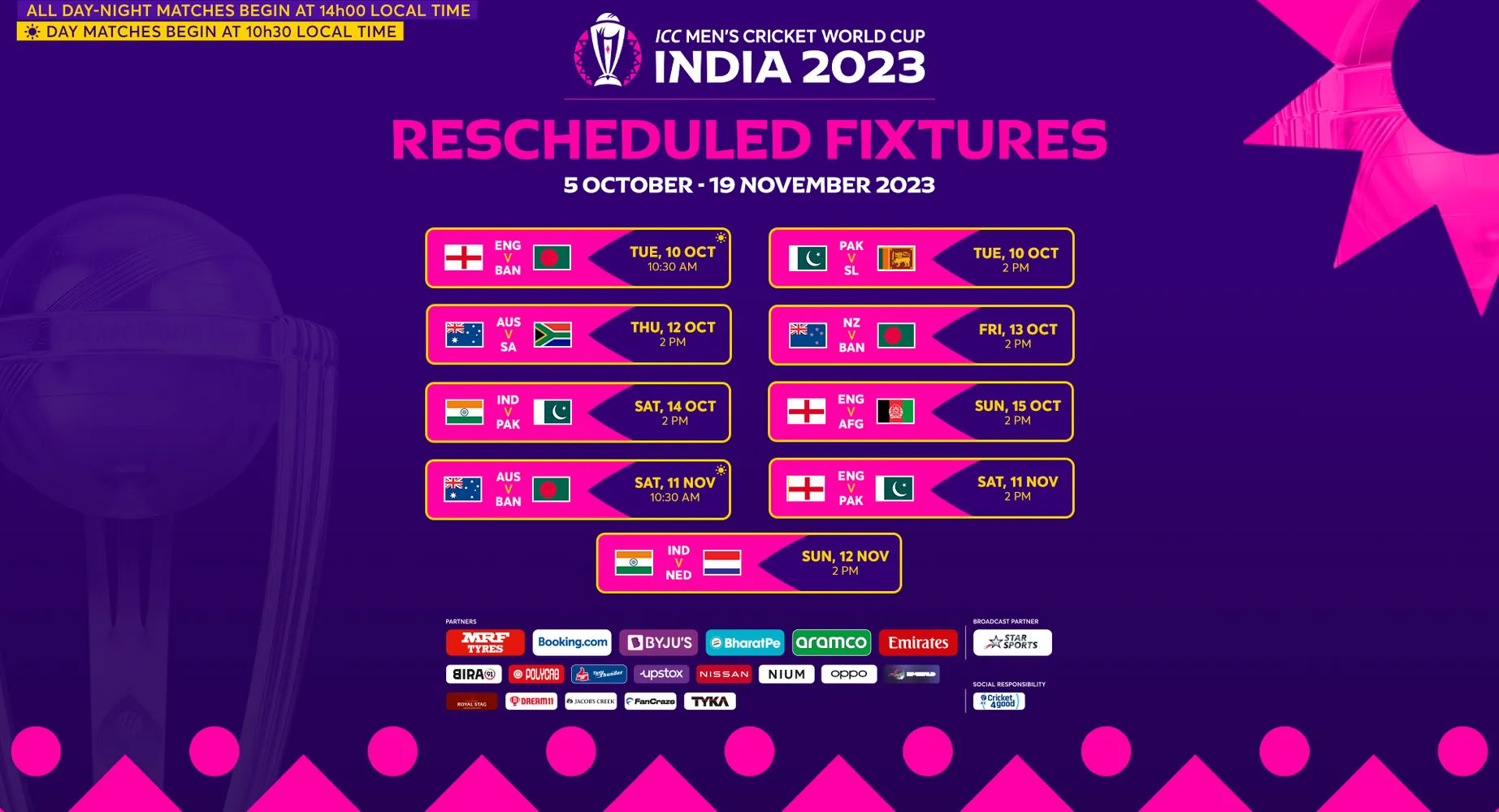 ICC Cricket World Cup 2023 - Match Schedule (Fixtures) (rescheduled)
