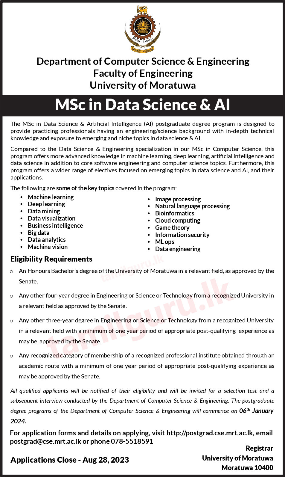 MSc in Data Science & Artificial Intelligence (AI) 2023 - University of Moratuwa