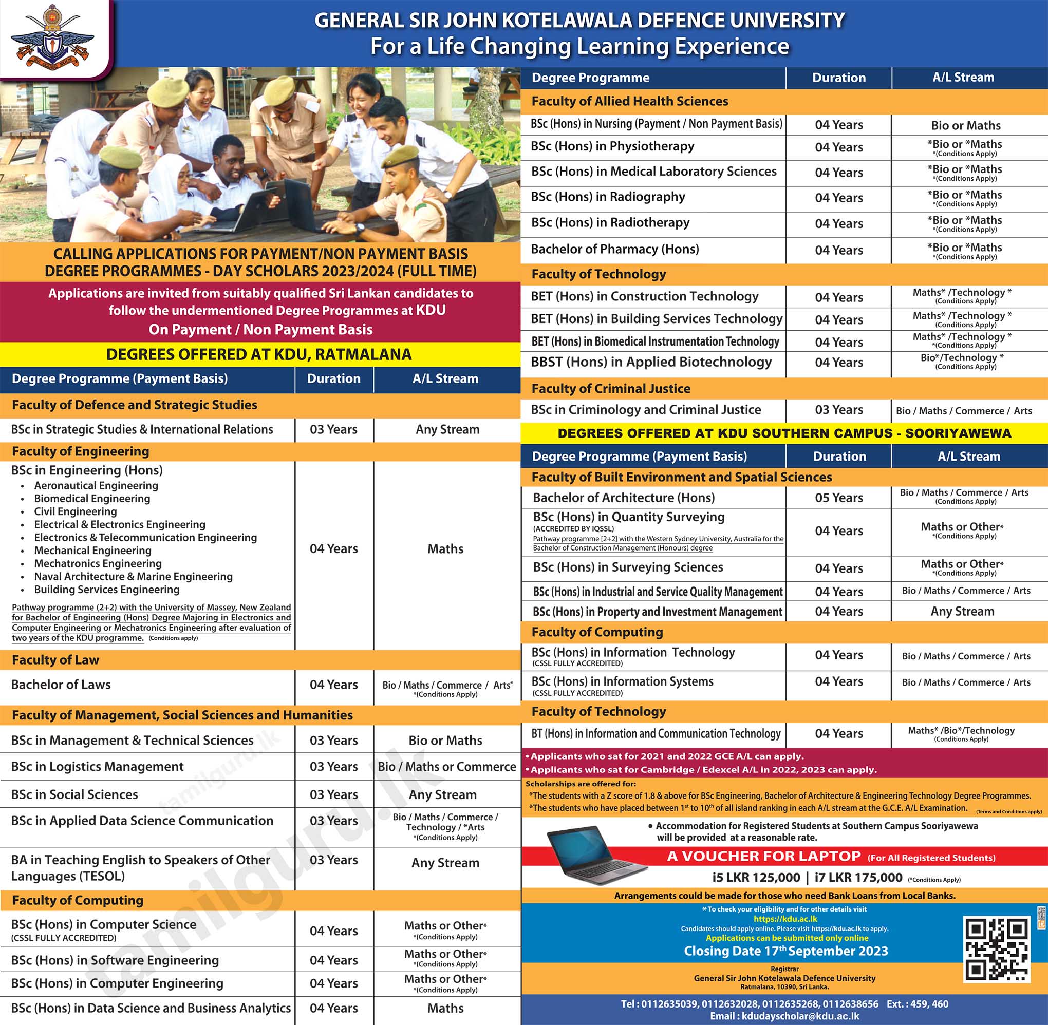 Admission for Degree Programmes 2023/2024 (Intake 41 - Batch 2) - Kotelawala Defence University (KDU)