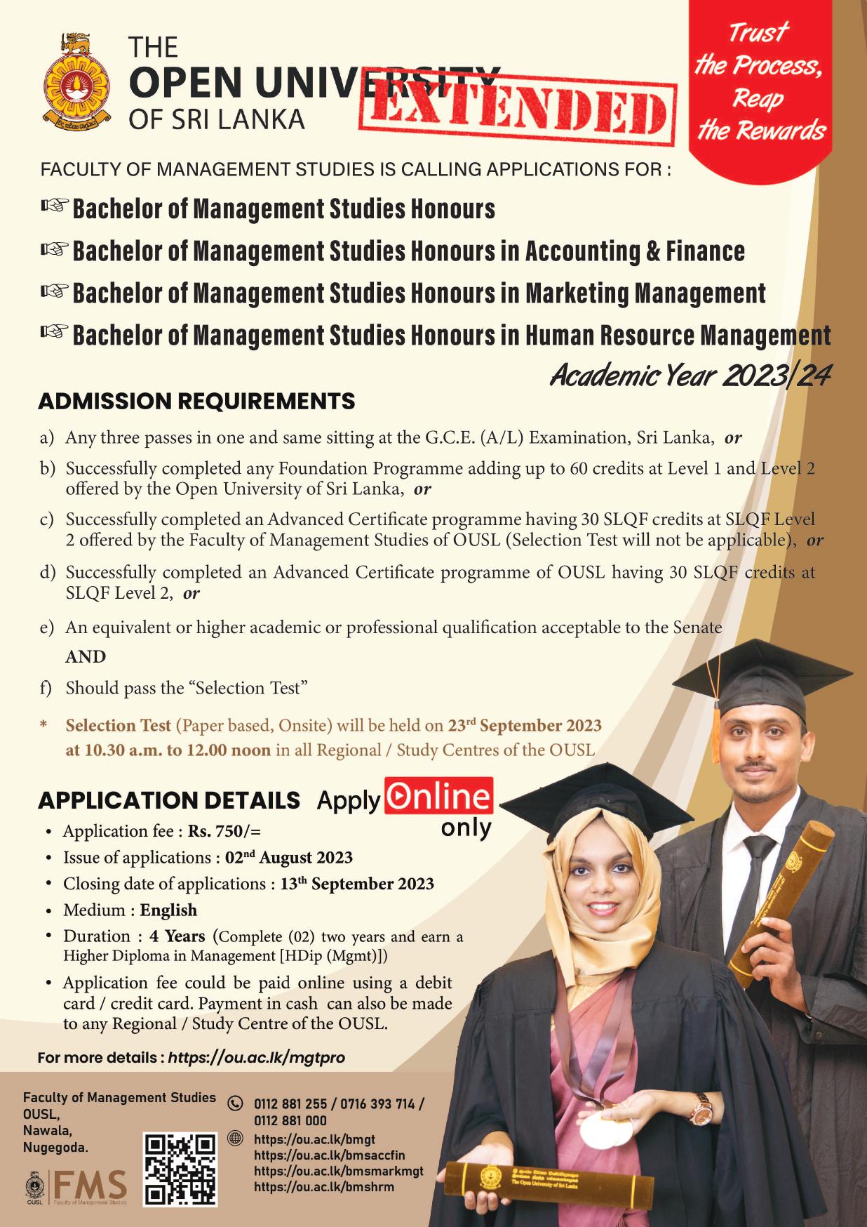 Management Studies (BMS), HRM, Marketing, Accounting & Finance Degree Programmes 2023 - Open University (OUSL)
