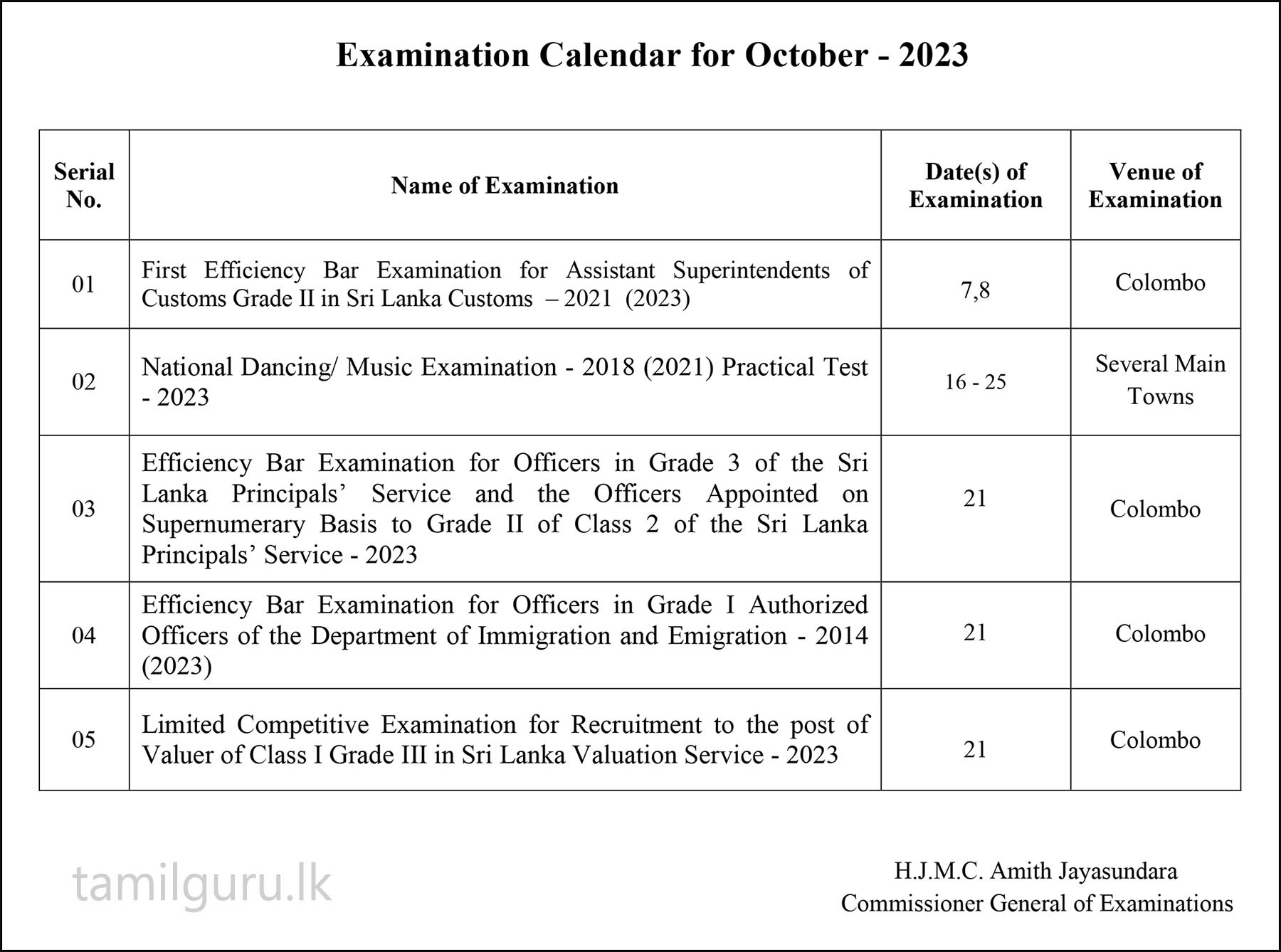 Examination Calendar for October 2023 - Department of Examinations