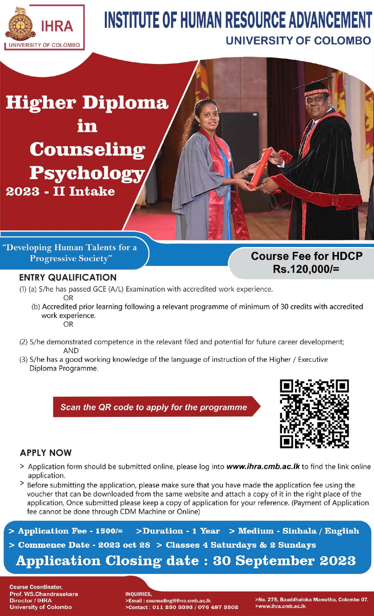 Higher Diploma in Counselling Psychology (2023 - Batch II) - University of Colombo (IHRA)