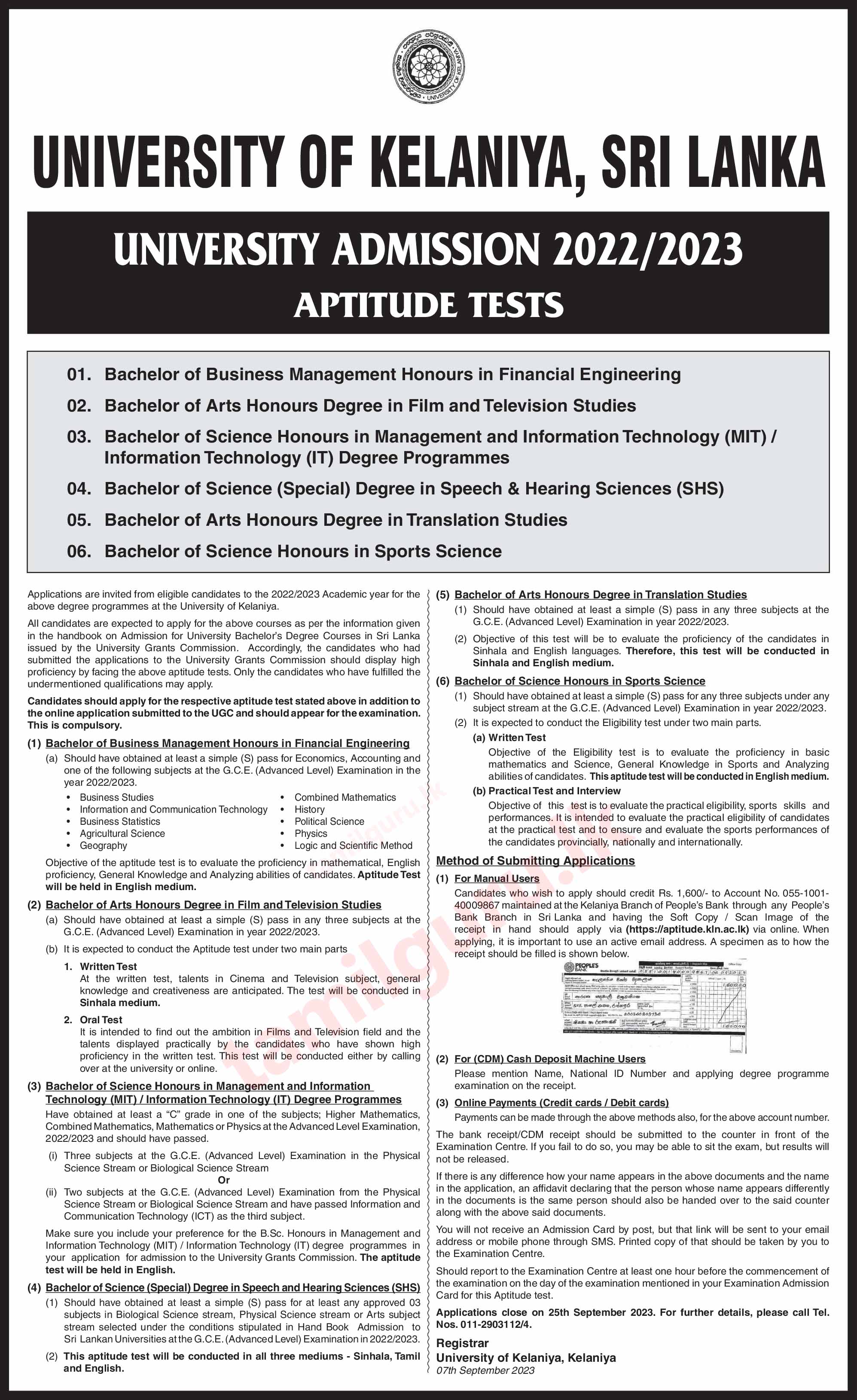 University of Kelaniya Aptitude Test Application 2023 - Details in English
