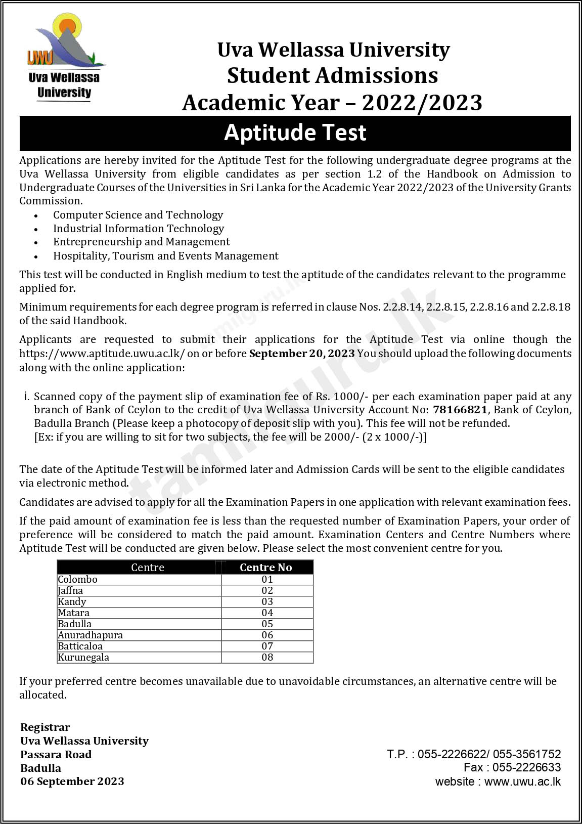 Uva Wellassa University Aptitude Test Application 2023 (GCE A/L Batch 2022)