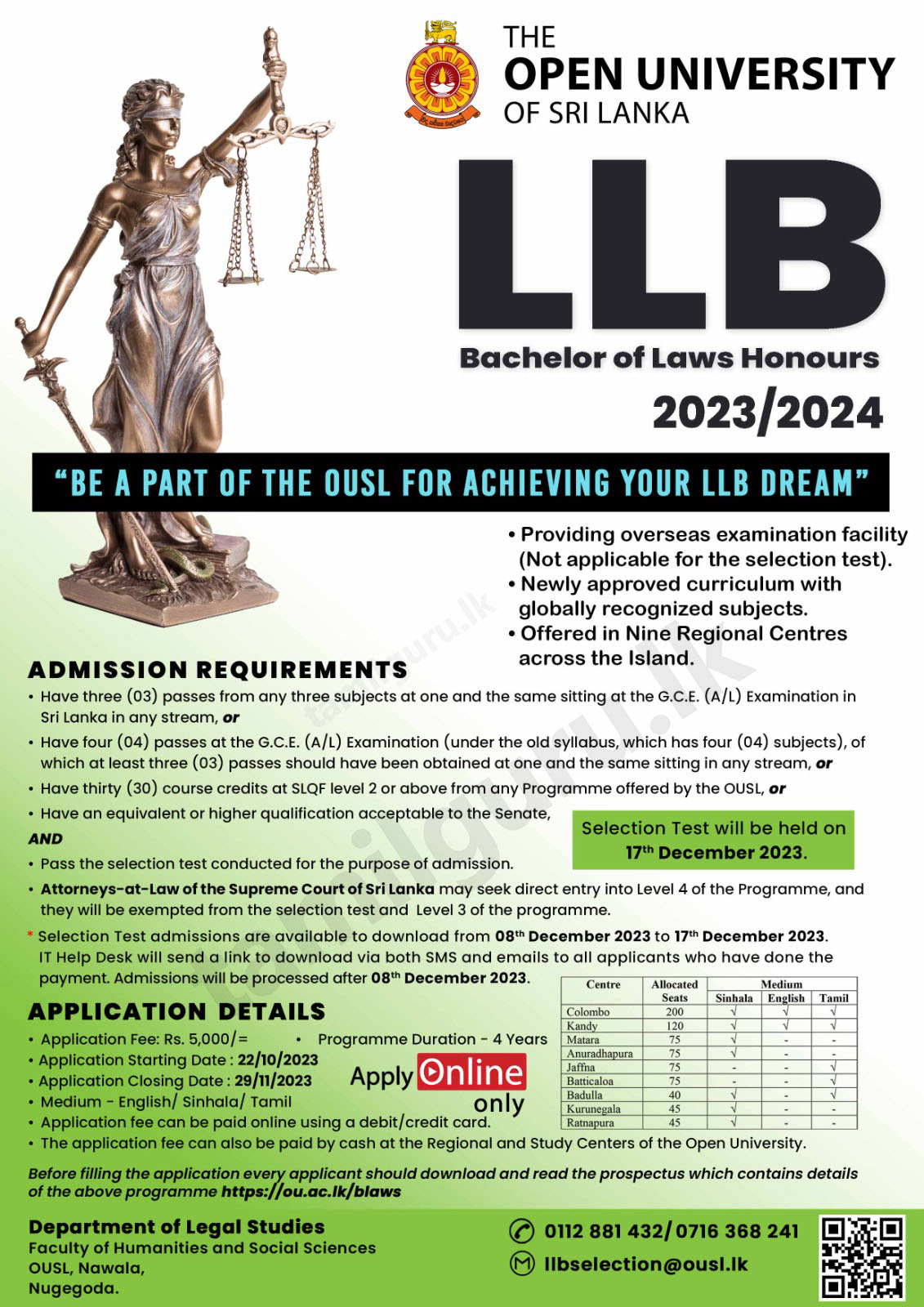 Bachelor of Laws (LLB) Degree Programme (Entrance Exam) 2023/24 - The Open University of Sri Lanka (OUSL)