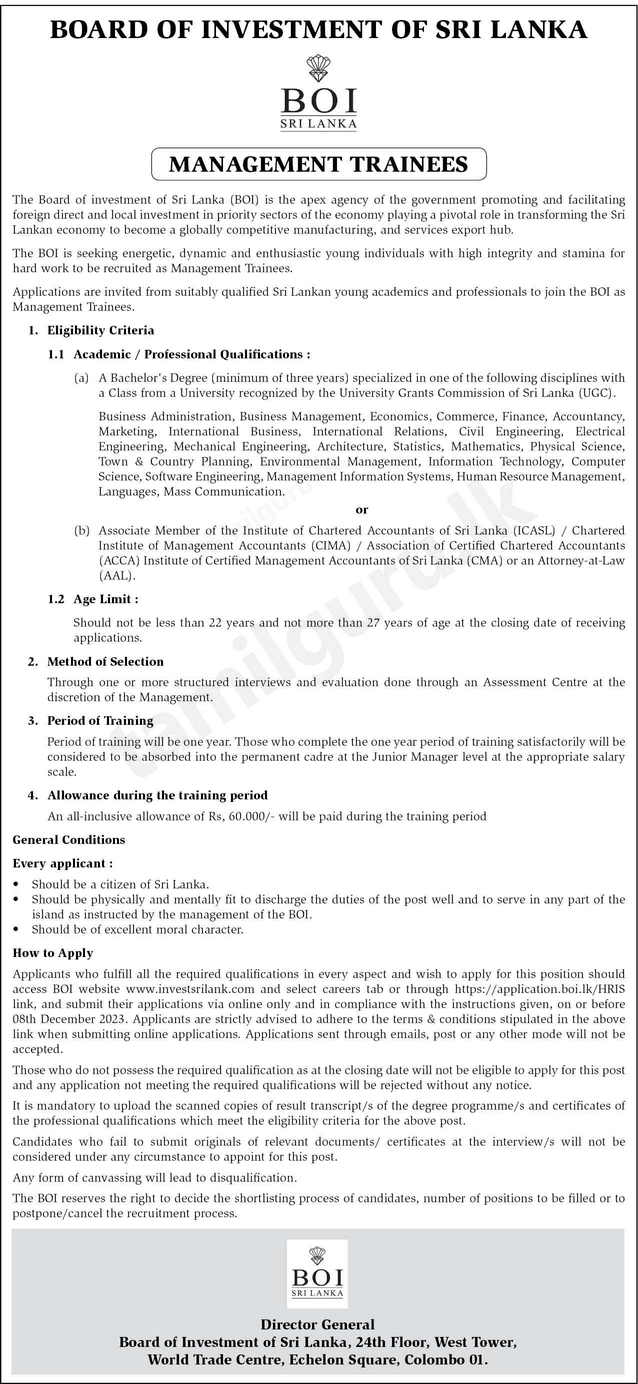 Management Trainees Vacancies 2023 at the Board of Investment of Sri Lanka (BOI)