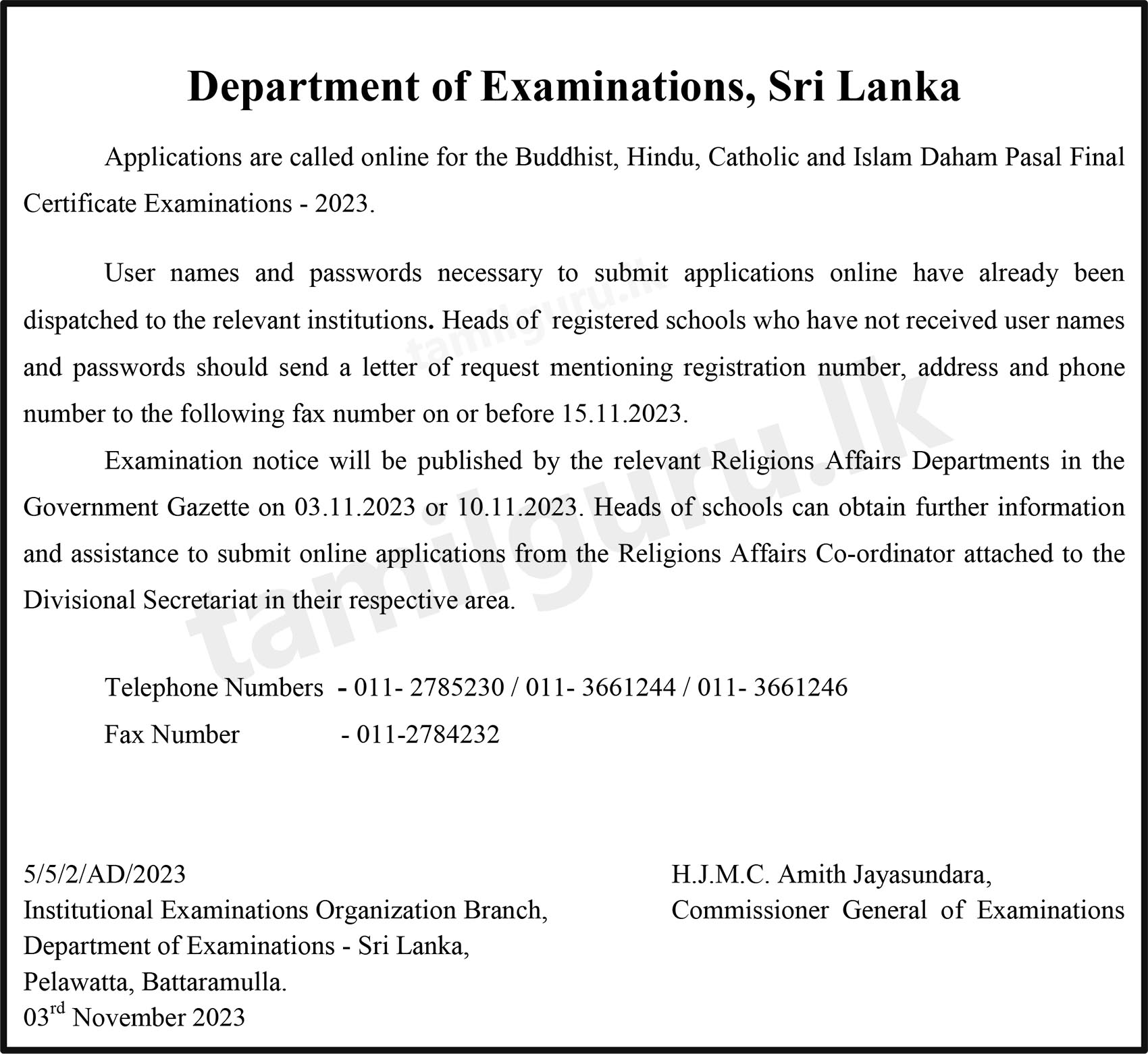Daham Pasal Final Certificate Examinations Application - 2023 (Buddhist, Hindu, Catholic, Islam)