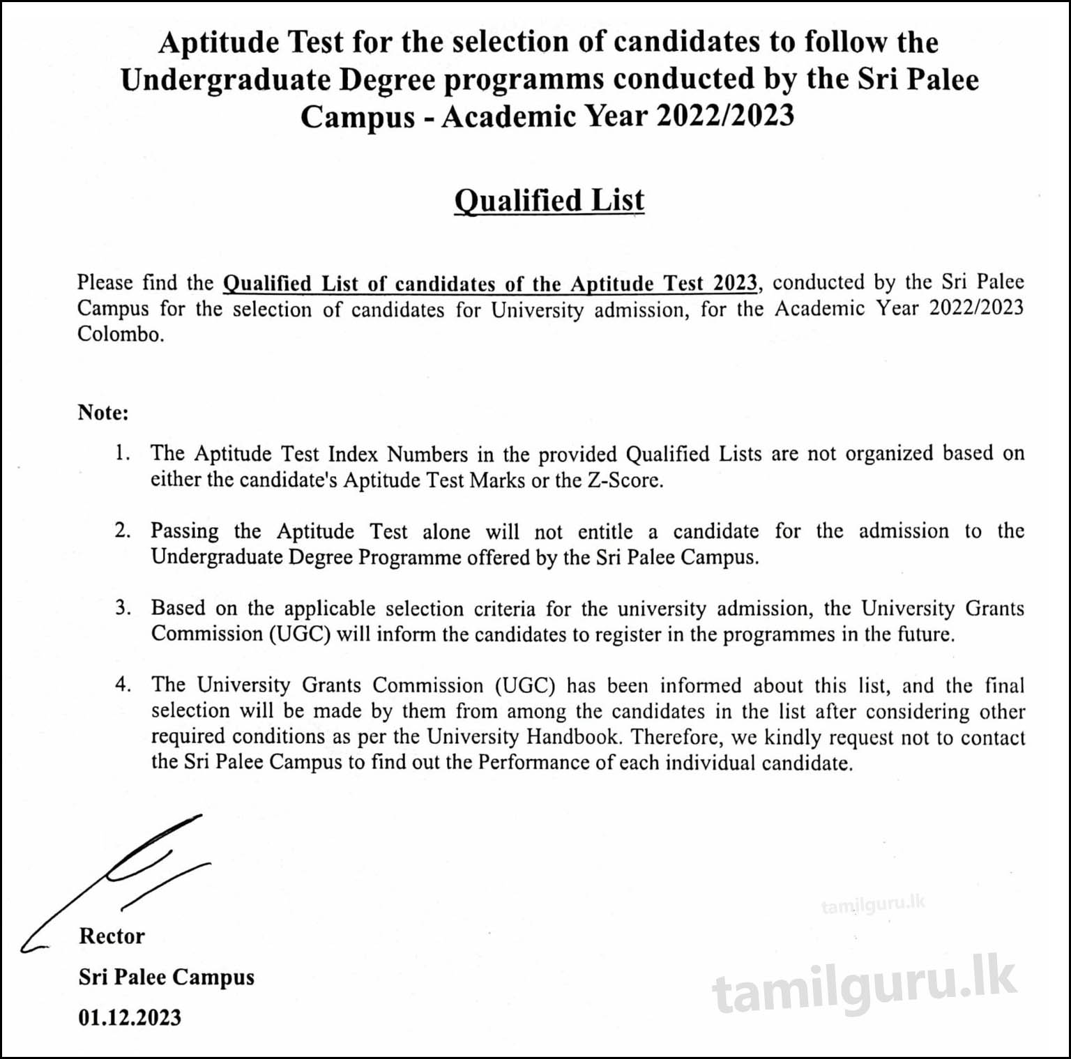 Results Released - Sri Palee Campus (University of Colombo) Aptitude Test 2023