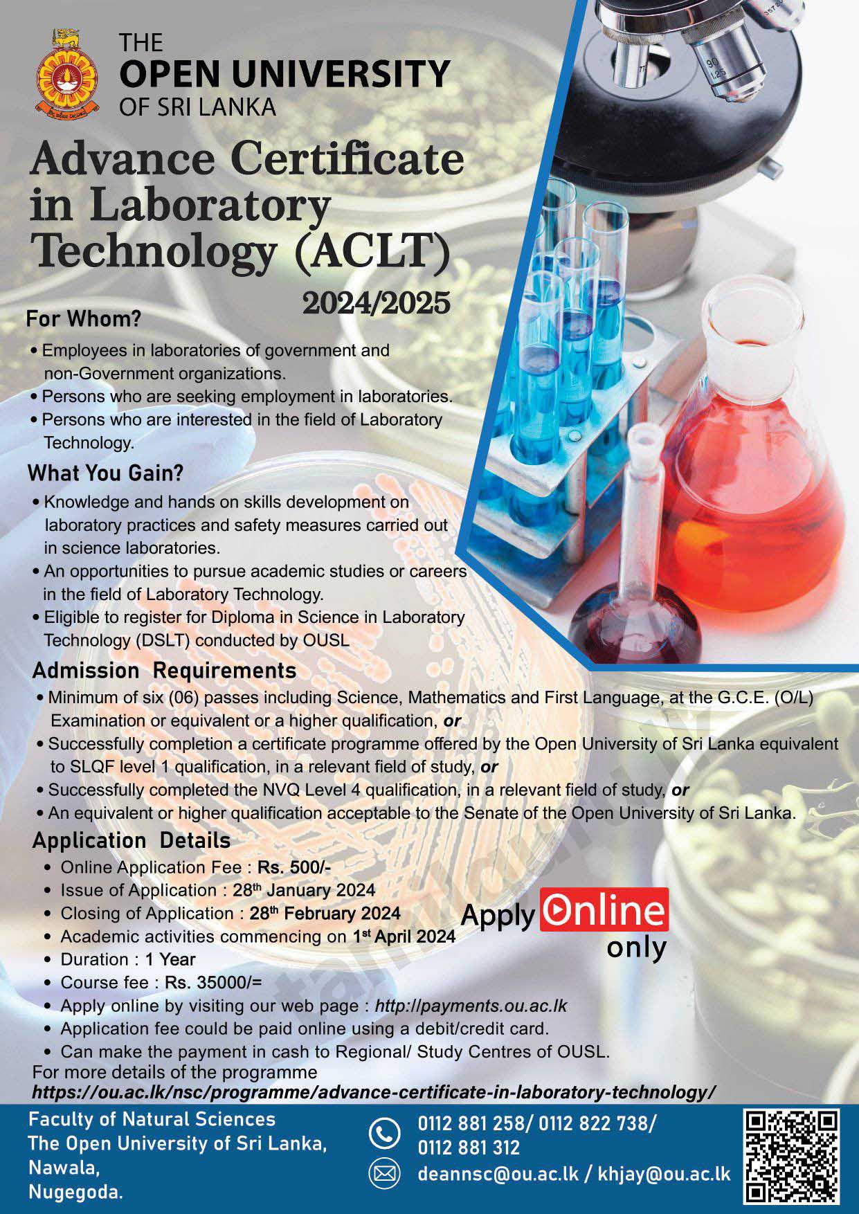 Advanced Certificate in Laboratory Technology (ACLT) 2024 - Open University (OUSL)