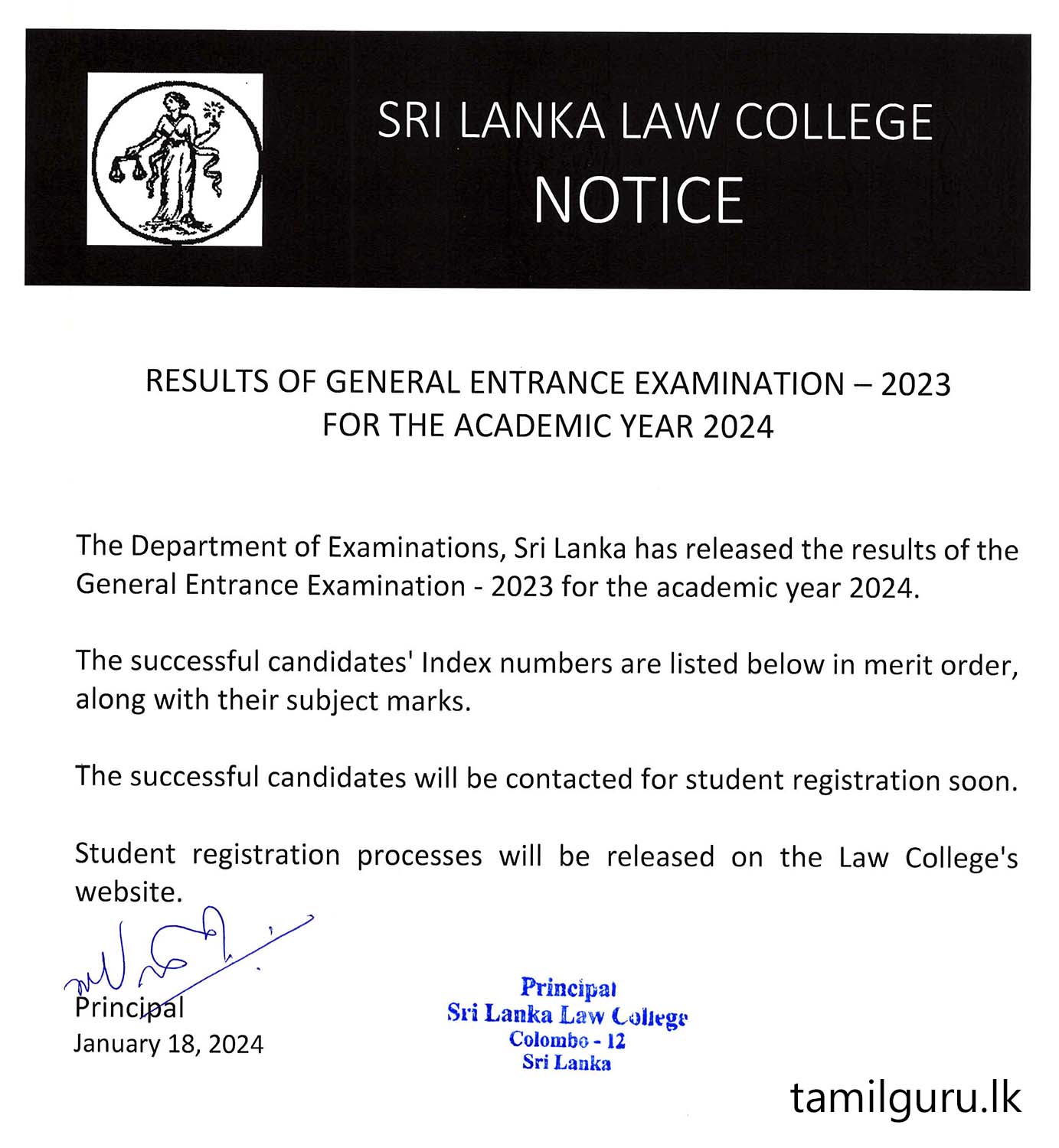 Sri Lanka Law College (SLLC) Entrance Exam Results 2023 (2024) - Released