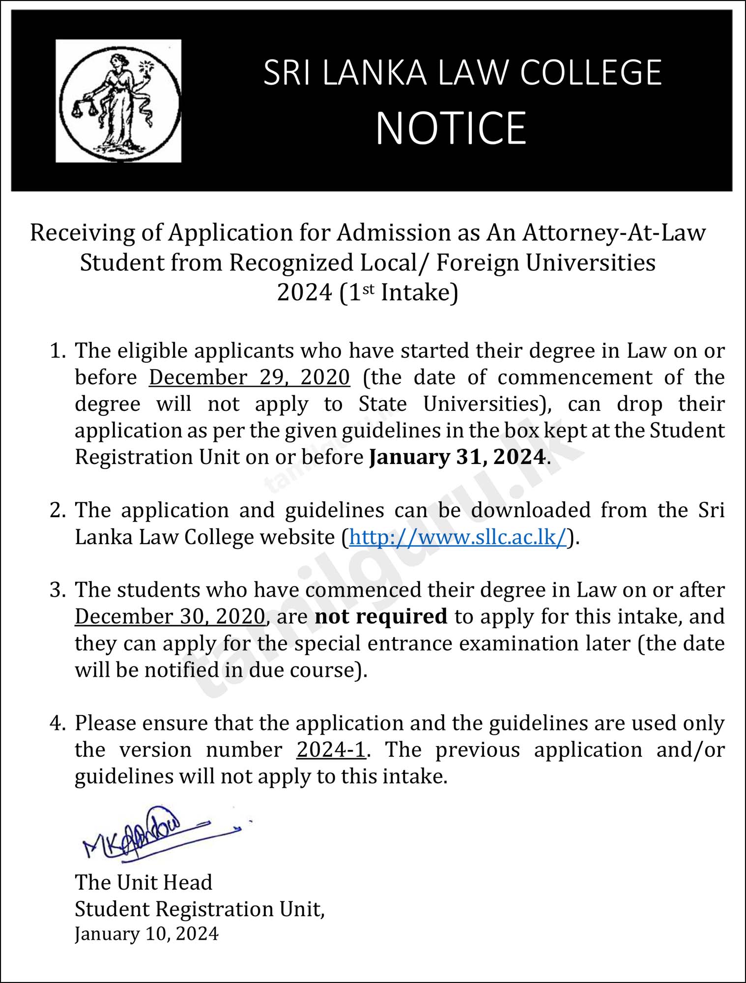 Sri Lanka Law College (SLLC) Admission for LLB Graduates and Barristers - 2024 (1st Intake)