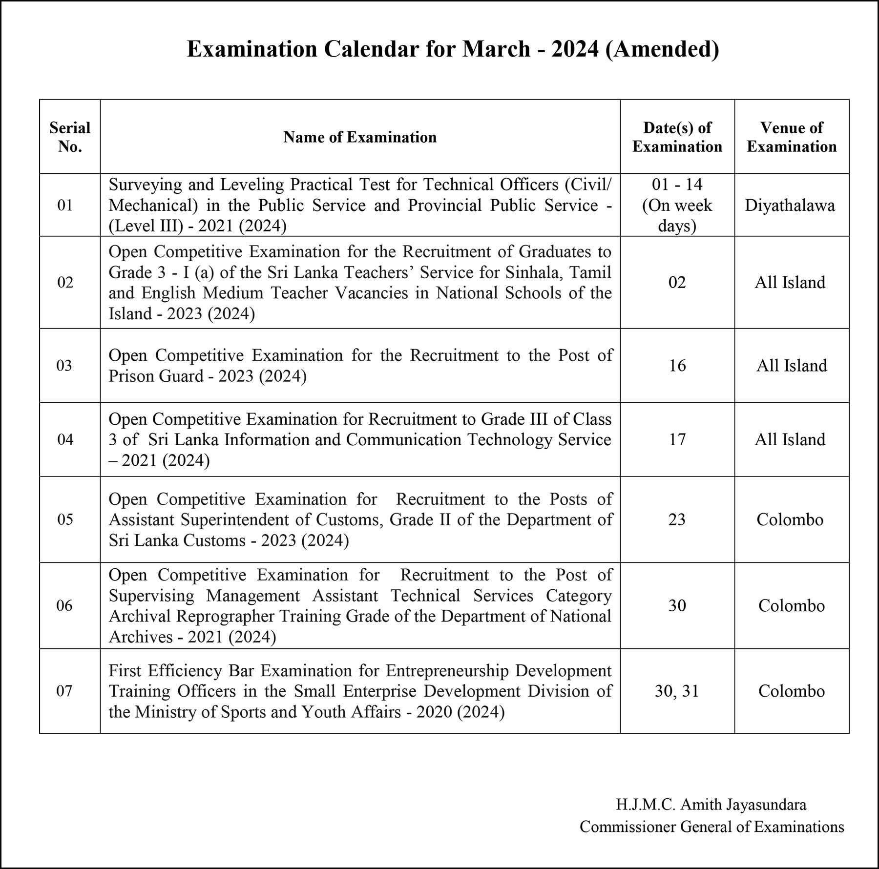 Examination Calendar for March 2024 (Amended) - Department of Examinations