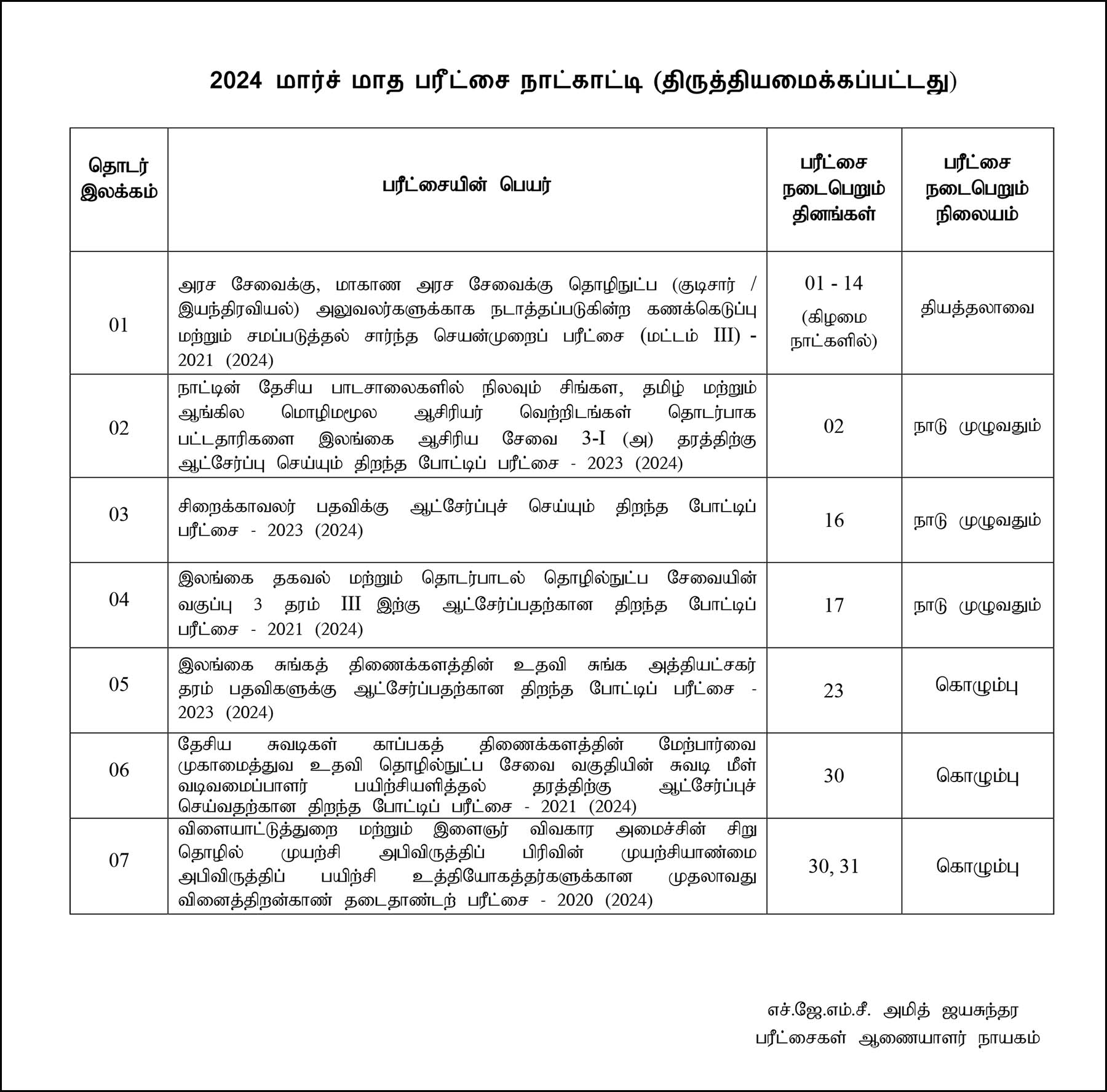 Exam Calendar for March 2024 (Amended) Department of Examinations