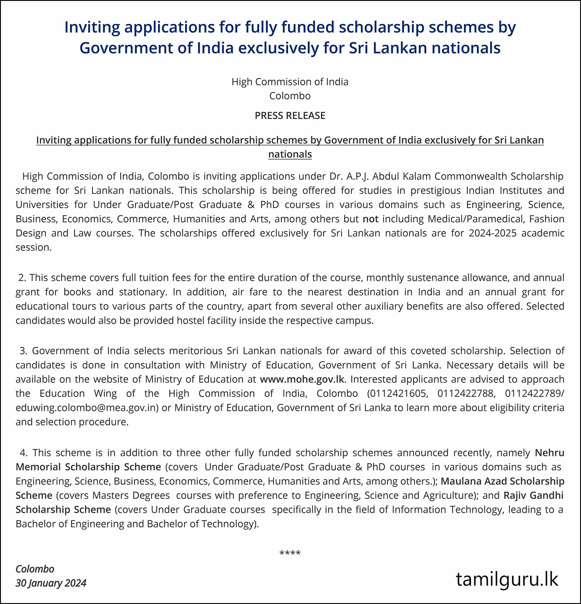Inviting applications for fully funded scholarship schemes by Government of India exclusively for Sri Lankan nationals
