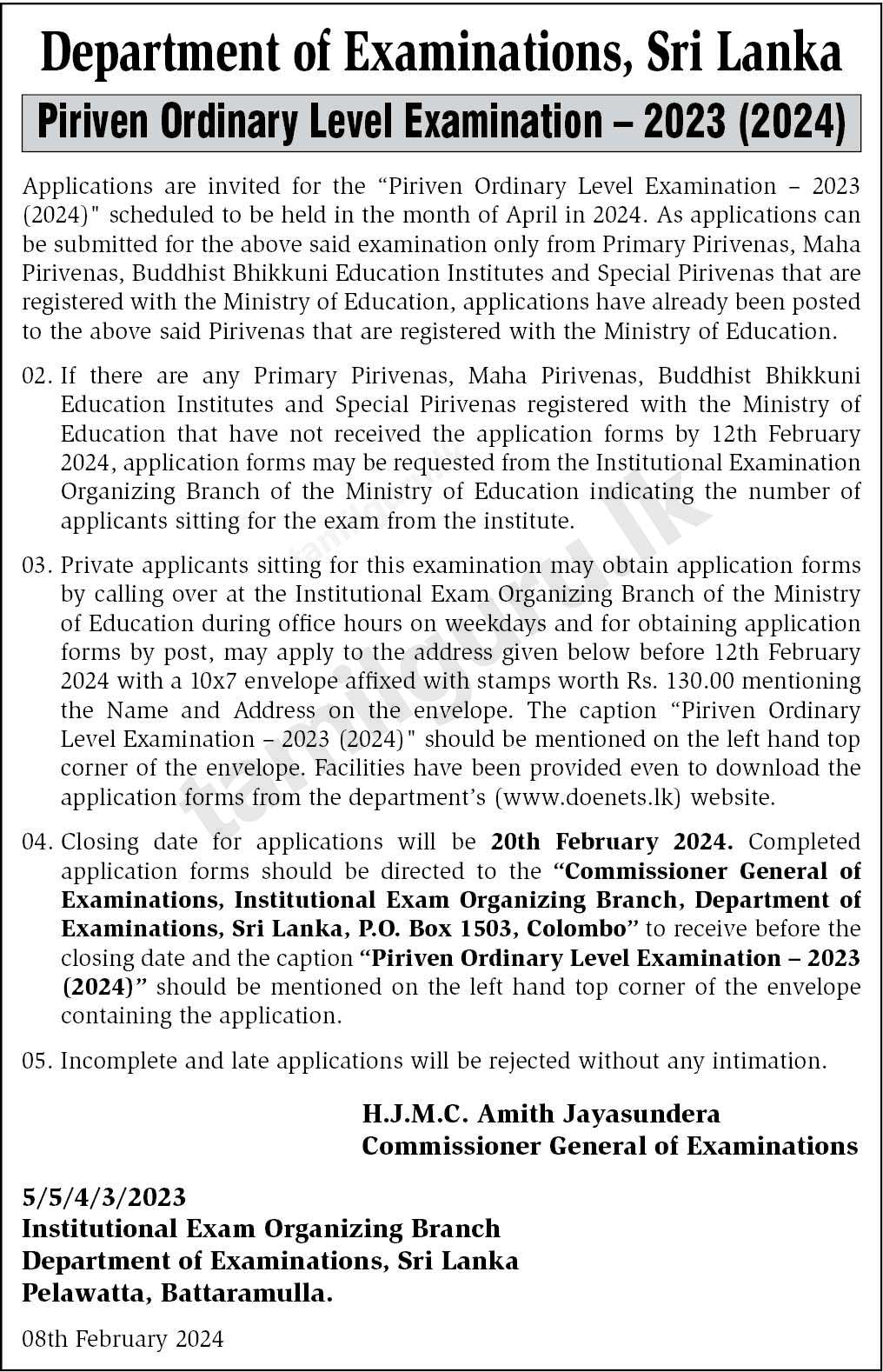 Piriven Ordinary Level Exam Application 2023 (2024) Department of