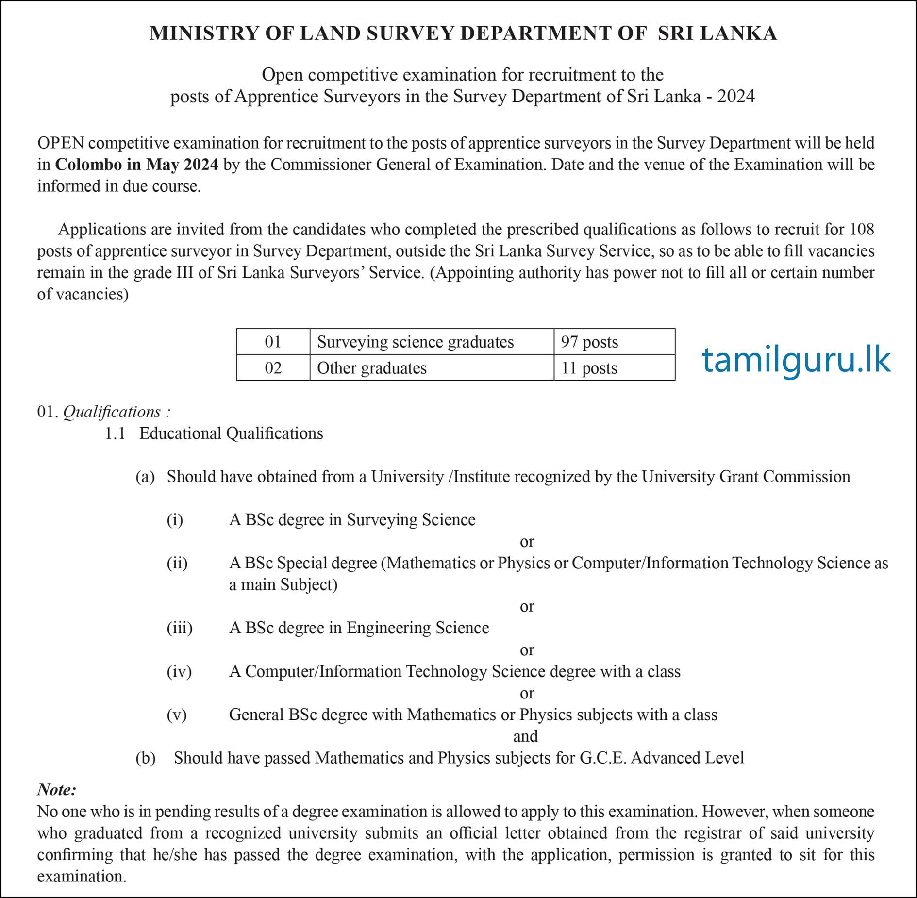Calling for Applications - Open Competitive Examination for Recruitment to the Posts of Apprentice Surveyors in the Survey Department of Sri Lanka - 2024
