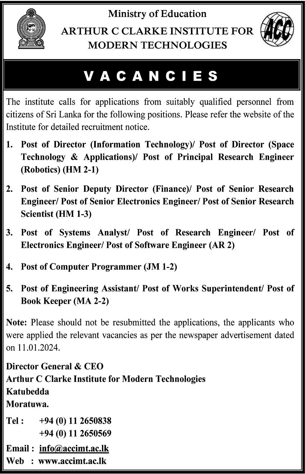 Arthur C Clarke Institution for Modern Technologies (ACCIMT) Vacancies - 2024 March