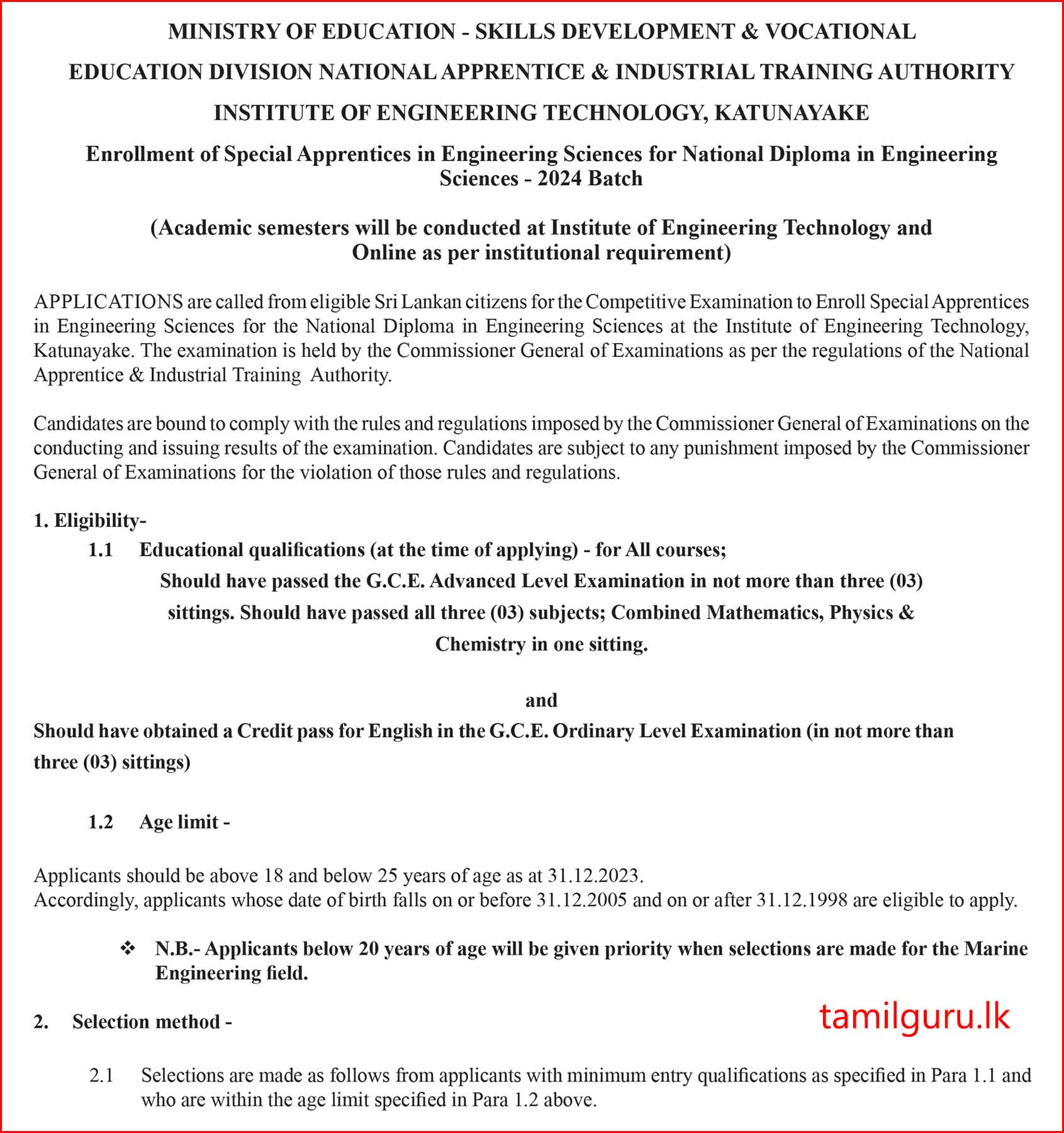 Admission for National Diploma in Engineering Sciences (NDES) Courses 2024 - IET / TTI Katunayake