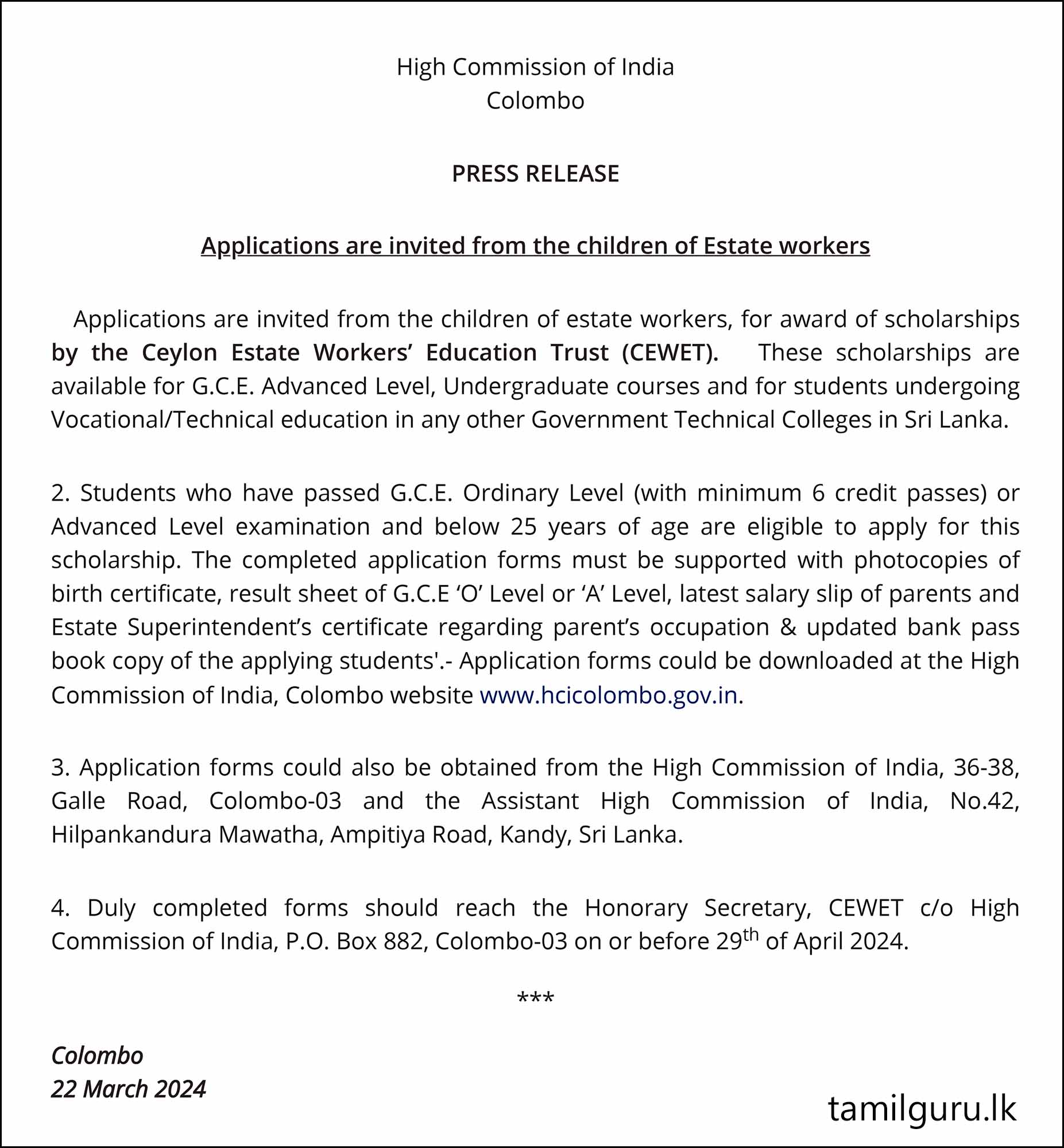Indian Government (CEWET) Scholarships for Estate Workers’ Children - 2024