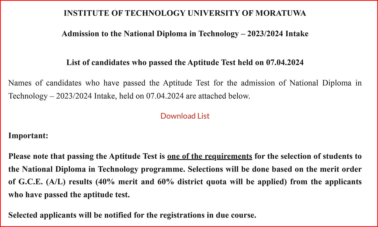 University of Moratuwa (ITUM) NDT Courses Aptitude Test Results 2024 - Passed List