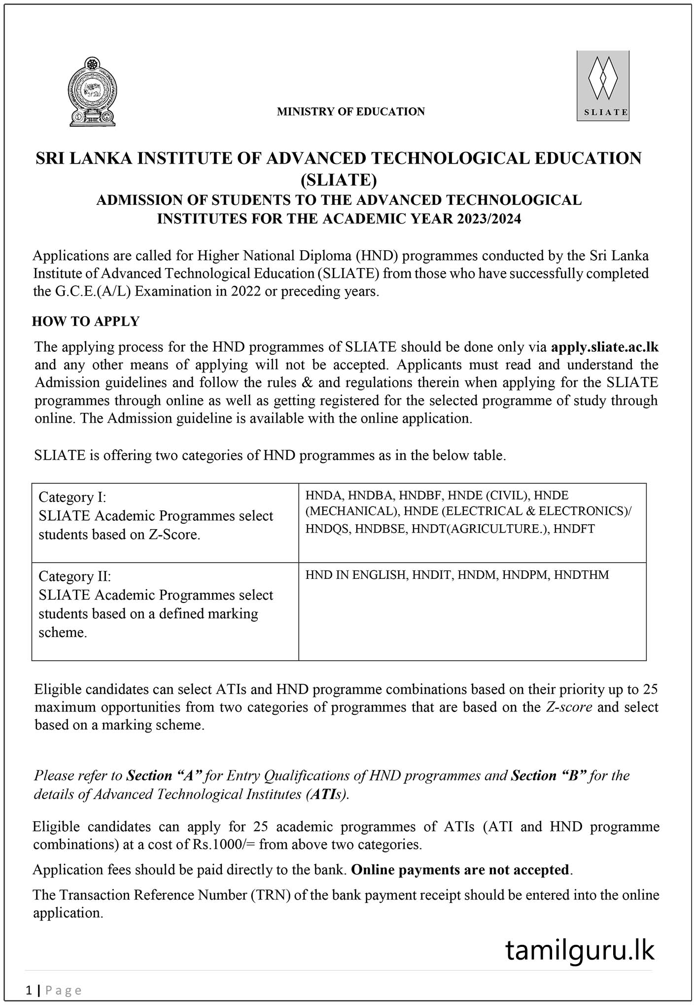 Calling Applications for Admission of Students to Higher National Diploma (HND) Courses (Academic Year - 2023/2024) Conducted by the Sri Lanka Institute of Advanced Technological Education (SLIATE), Ministry of Education