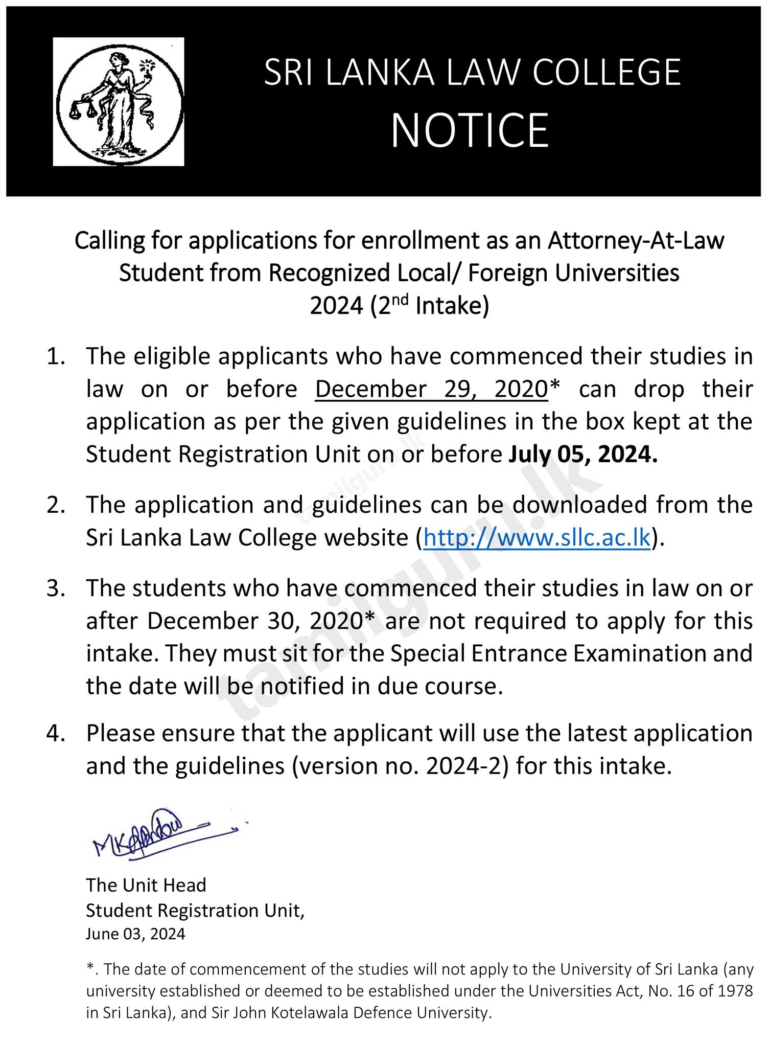 Sri Lanka Law College (SLLC) Admission for LLB Graduates and Barristers - 2024 2nd Intake