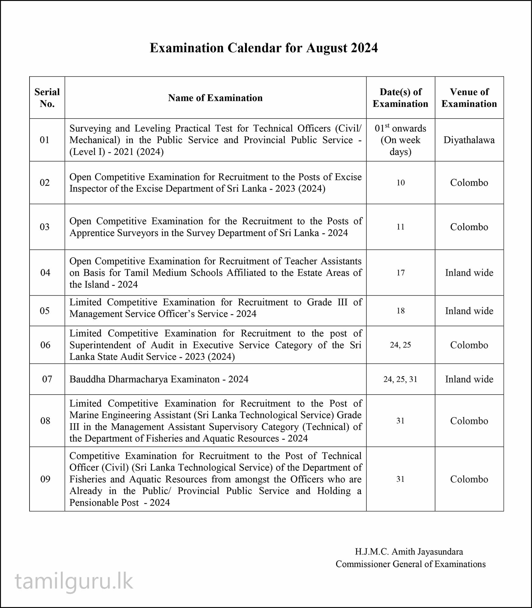 Examination Calendar for August 2024 - Department of Examinations