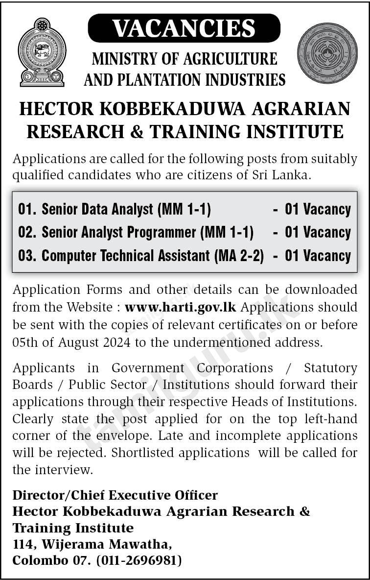 Hector Kobbekaduwa Agrarian Research & Training Institute (HARTI) Vacancies - 2024 August