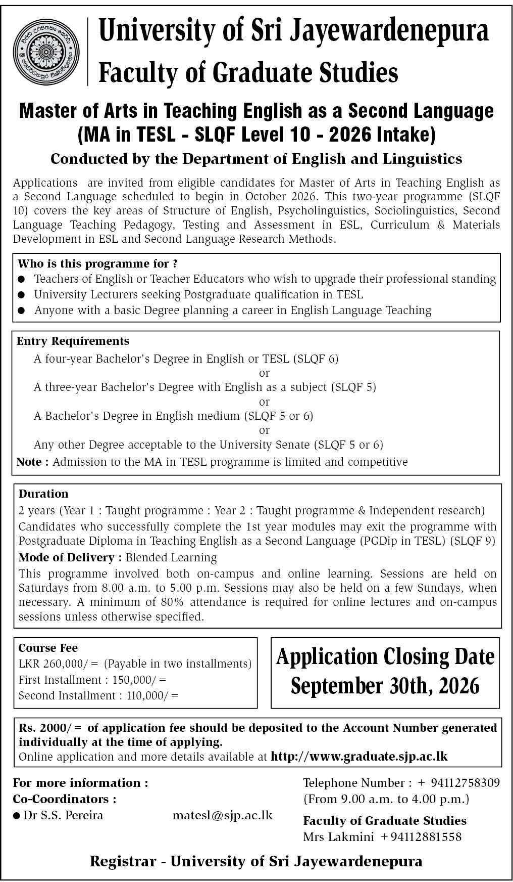 Master of Arts in Teaching English as a Second Language (MA TESL) 2026 - University of Sri Jayewardenepura