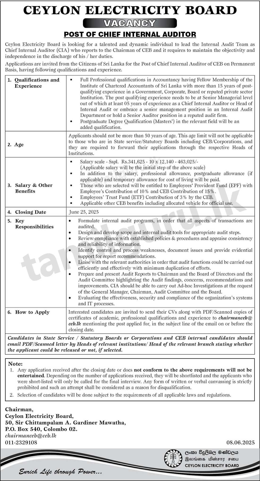 Ceylon Electricity Board (CEB) Chief Internal Auditor (CIA) Vacancies 2025